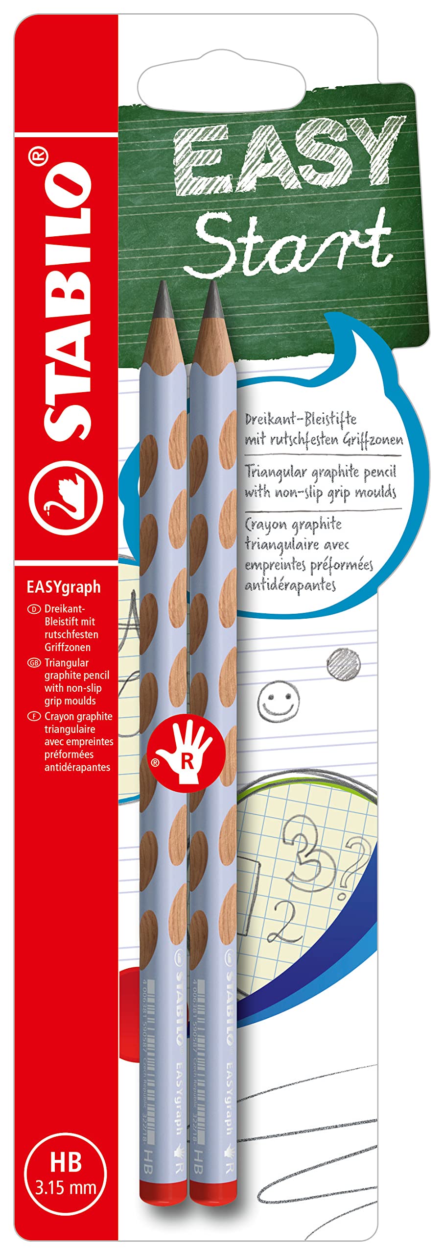 Lápiz de grafito ergonómico STABILO EASYgraph Pastel - Pack con 2 unidades - Cuerpo azul pastel - Dureza HB - Modelo para diestros