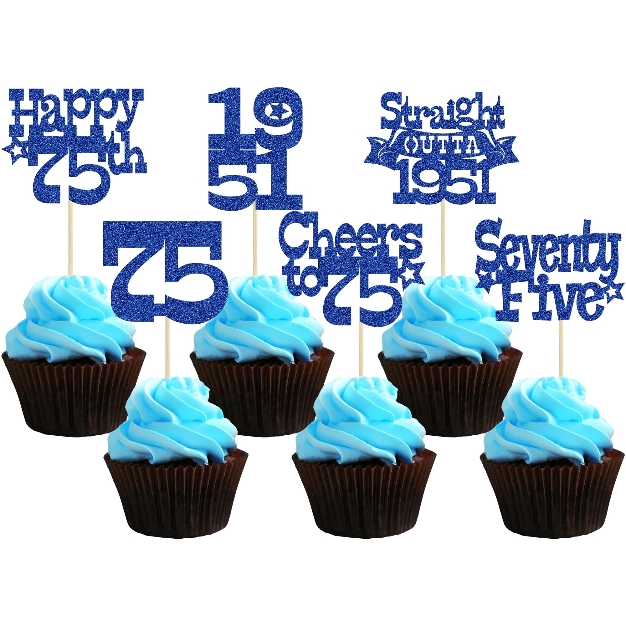 Ephlyn 30Pcs Happy 75th Birthday Cupcake Toppers Glitter Seventy Straight Outta 1951 Cupcake Picks Cheers to 75 Years Cake Decorations for Happy 75th Birthday Anniversary Party Supplies Blue