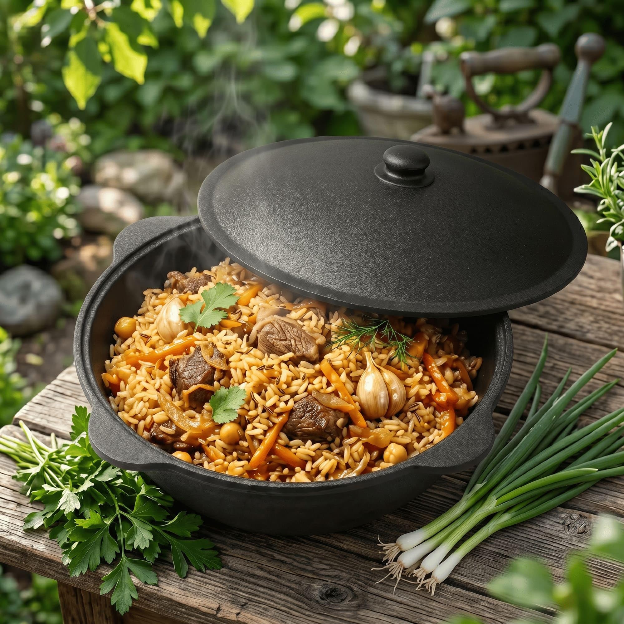 Kazan Wok en fonte 8 l (fond rond) avec louche à mousse Namangan Uzbek Kazbek Asia Wok Cast Iron Casserole Camping Usbek avec couvercle en aluminium