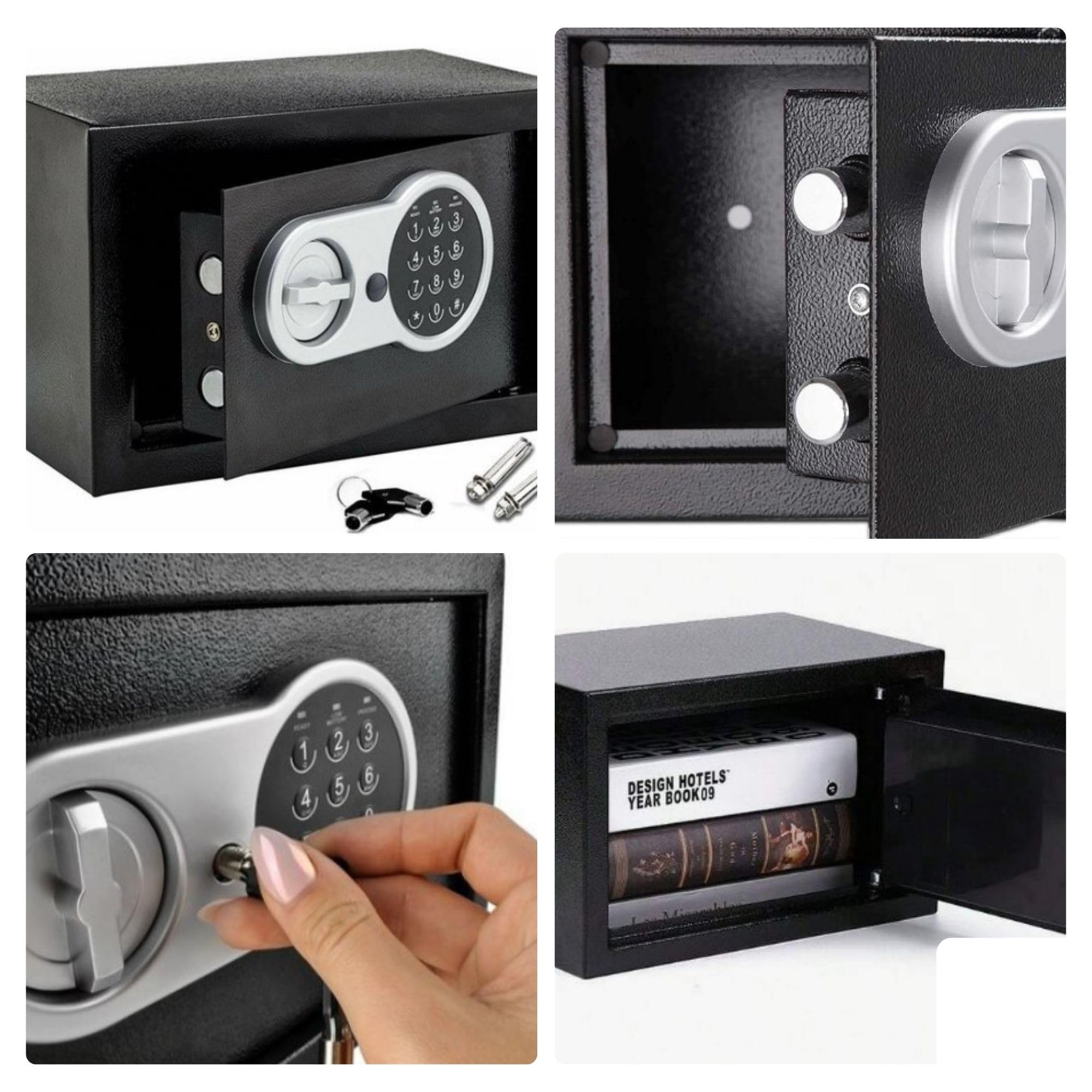 Perel Caja fuerte electrónica con código digital y llave de emergencia, caja de seguridad de acero espaciosa con interior acolchado, mini caja para joyas, documentos y dinero, 20x31x20 cm