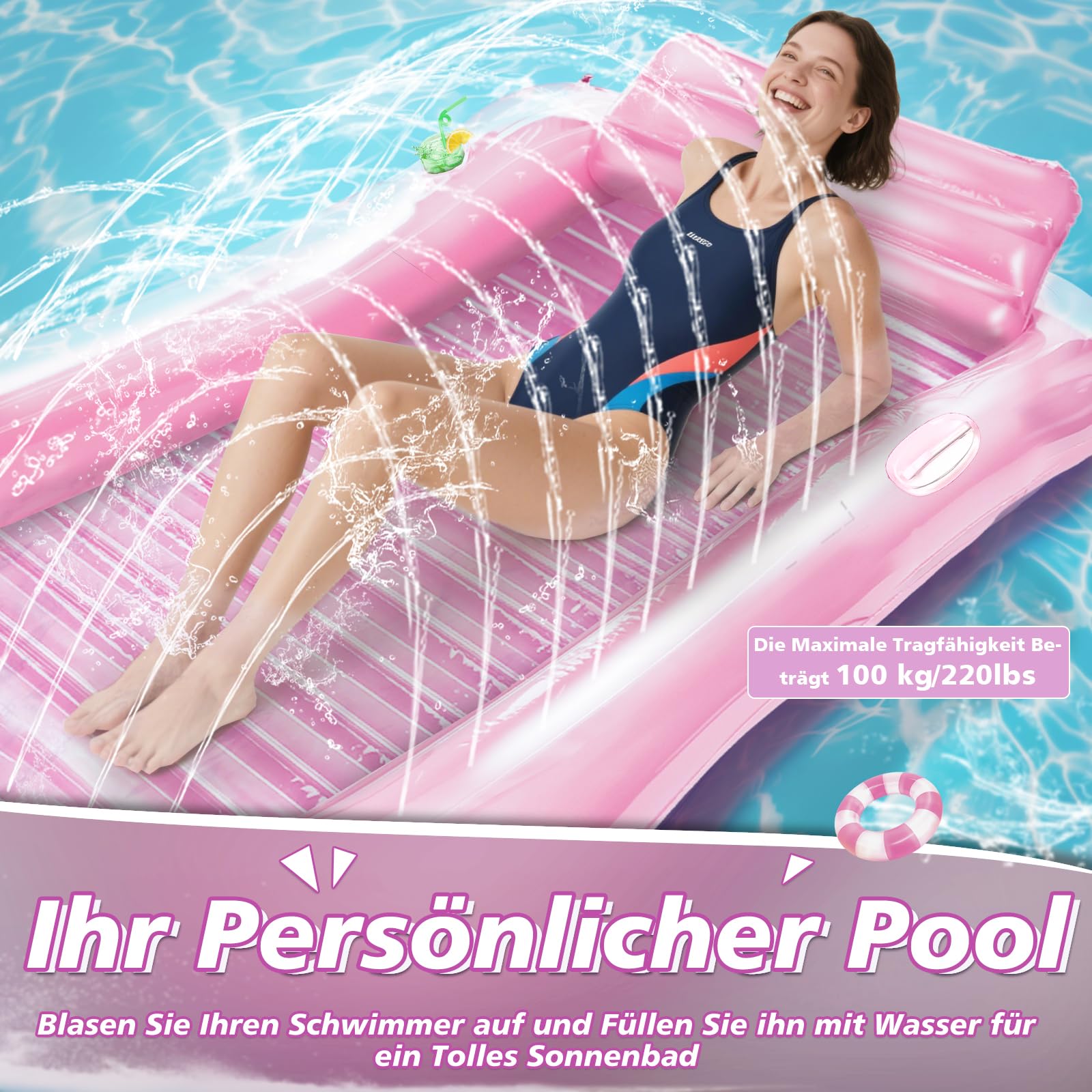 JONRRYIN Luftmatratze Pool für Erwachsene, Tanning Pool Aufblasbare Schwimmmatratze mit Eingebautem Sprinkler, Große Schwimminsel Luftmatratze Wasser für Sommer & Strand