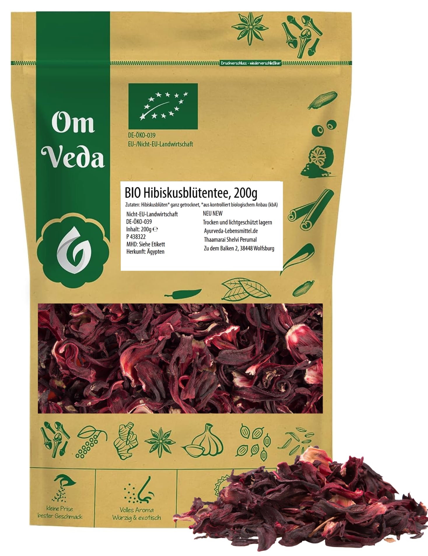 BIO Hibiskusblüten ganz getrocknet - Hibiskusblütentee - Premium Qualität Hibiskustee - Ideal für Hibiskustee, Salate, Desserts und mehr - OmVeda (200g)
