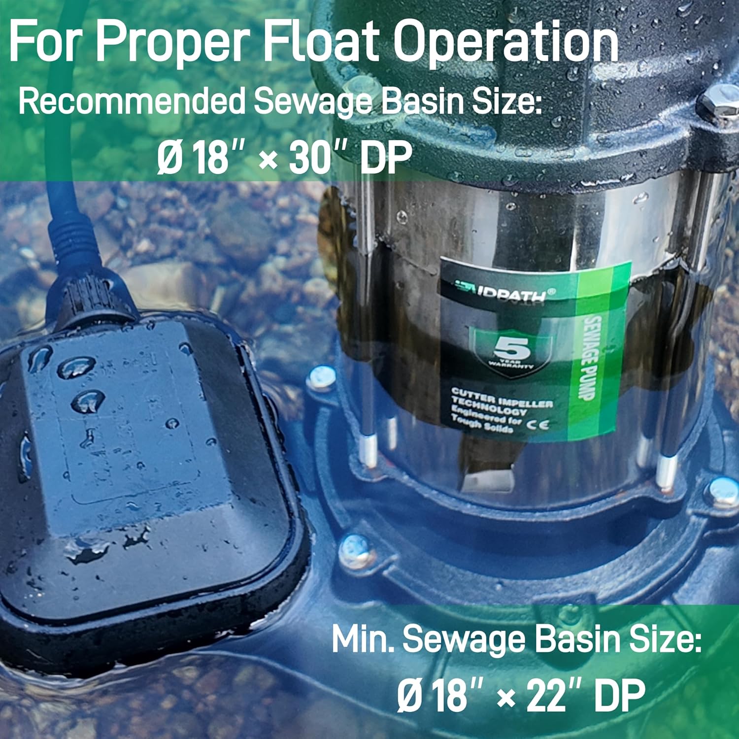 1 HP Sewage Pump Submersible, Stainless Pump Casing, E-Coated Semi-Open Cast Iron Impeller, Auto Float Switch, 115V, 2" NPT Discharge for Sump Basin, Sewage Well, Basement, Septic Tank, Trash