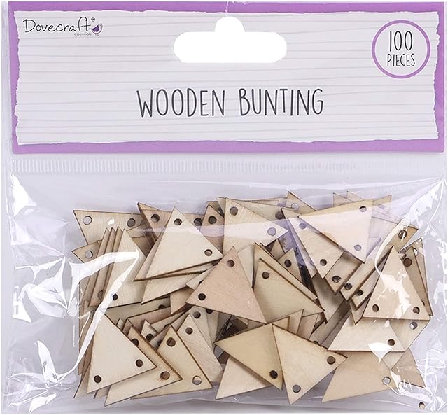 Dovecraft DCBS216 Essentials-Wooden Bunting-2.3x 2.3cm-Pre Drilled Holes-Triangle-Plain Wood Can Customised-100 Pieces-for Card Making, DIY, Papercraft, Party, Home Décor & Scrapbooking, One Size