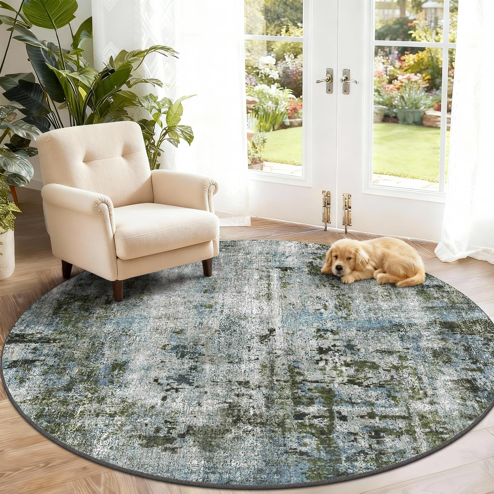 SOANNY Living Room Rug, Round 140 cm Modern Abstract Low Pile Area Carpet, Non-Slip Washable Mat for Bedroom, Hallway, Kitchen, Laundry, Entryway, Utility, Beside Sofa, Office, Moss Green — image 1