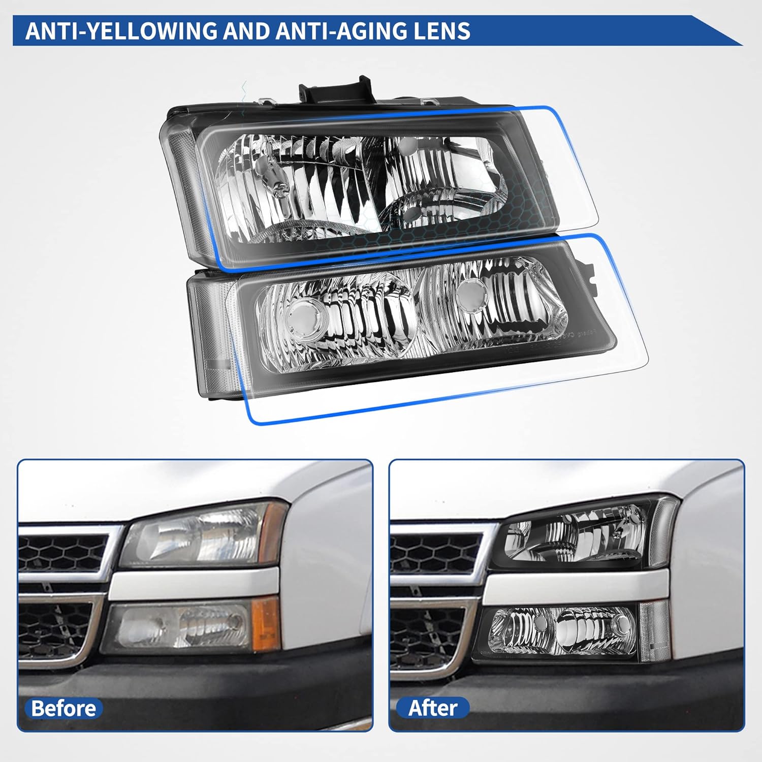 oEdRo Headlight Assembly Replacement for 2003-2006 Chevy Silverado 1500 1500HD 2500HD 3500/2003-2006 Avalanche 1500 2500 Passenger and Driver Side Headlamp with Black Housing