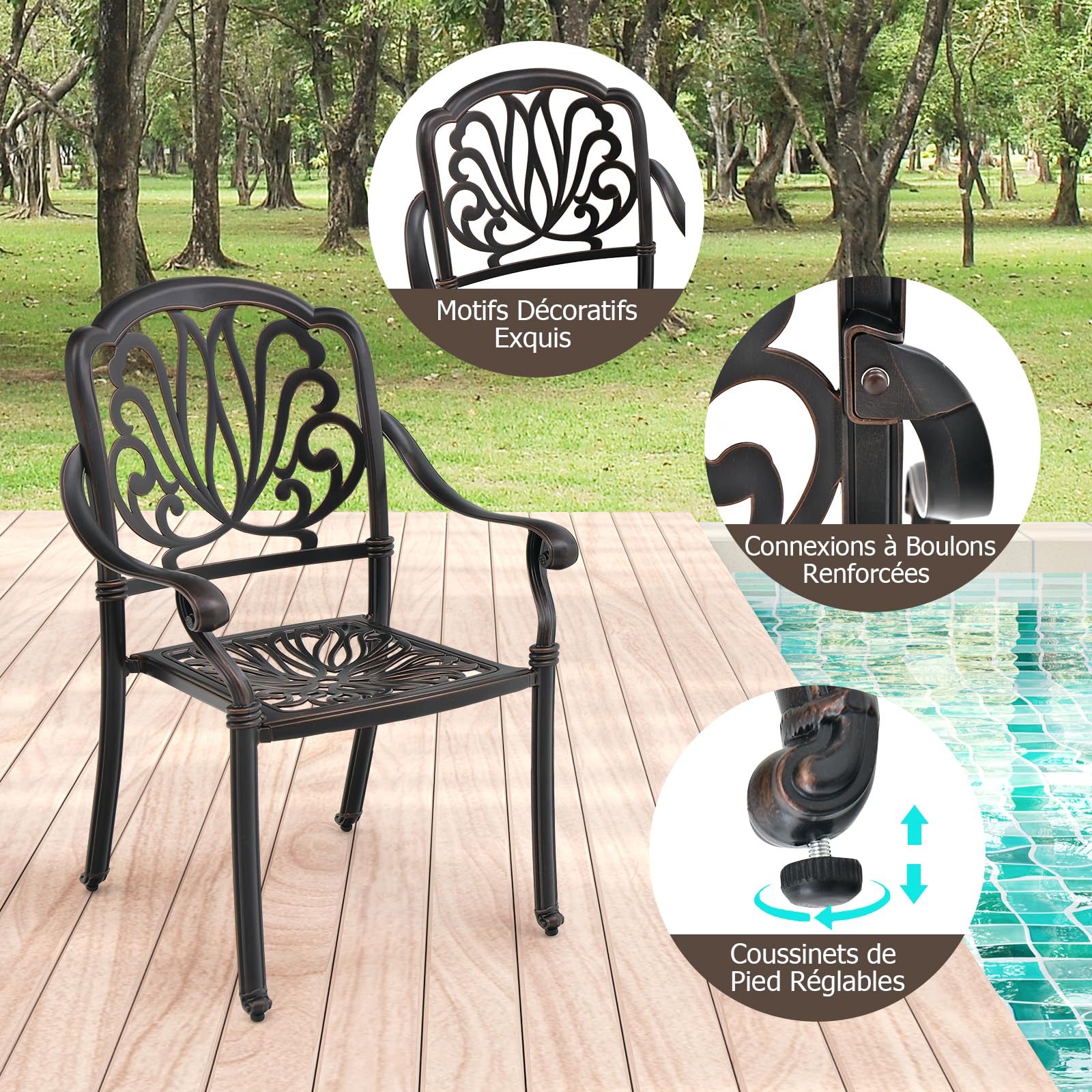 GOPLUS - Juego de 2 sillas de jardín al aire libre de aluminio, 66 x 62 x 93 cm, sillón de jardín de metal apilables con apoyabrazos, patines de pie ajustables, apto para terraza, patio, balcón y