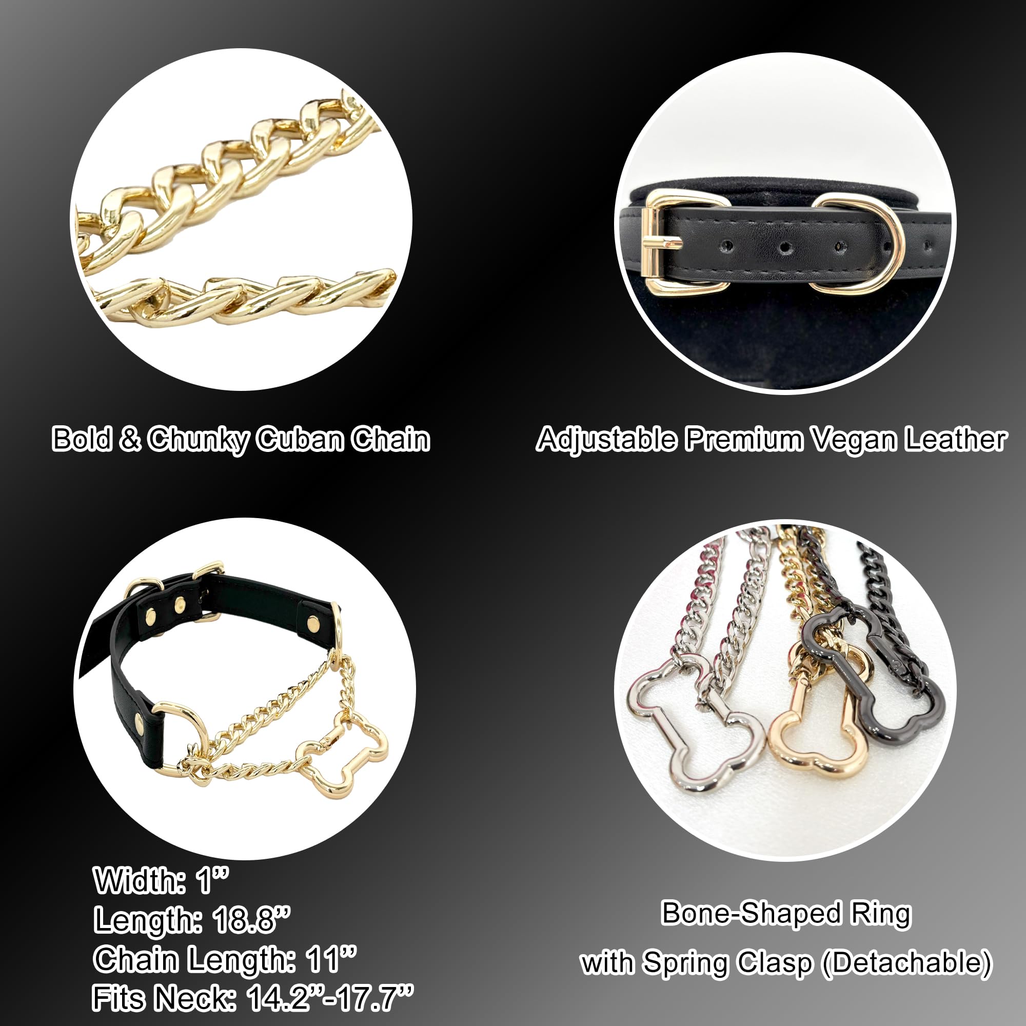 EverGlimp Gothic Slip Chain Choker Collar For Women, Black Vegan Leather Choker with Removable Bone Clasp, Adjustable Buckle Strap, Punk Alloy Chain, Party Statement Necklace: Black-GOLD
