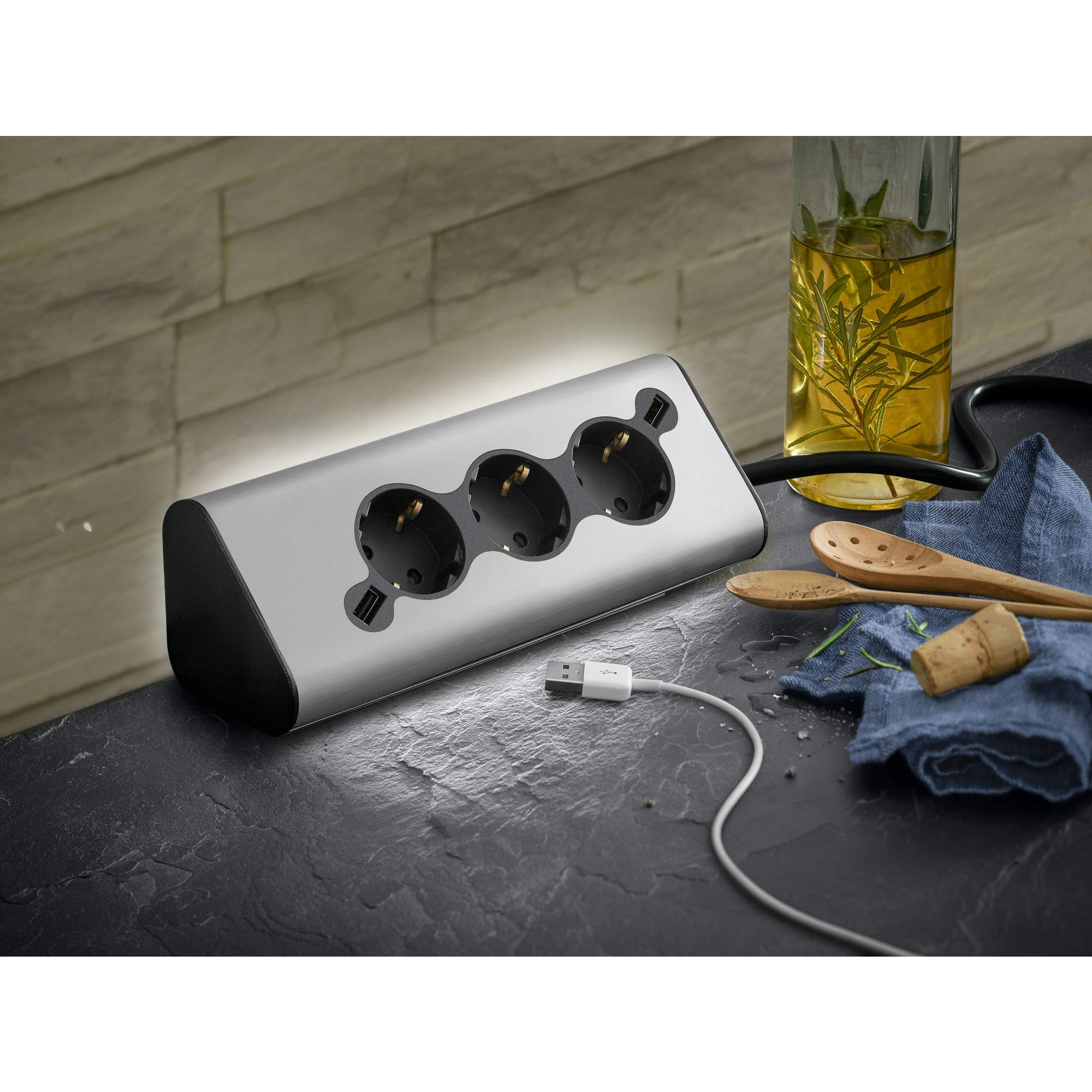 WMF Ambient - Ciabatta elettrica da cucina, multipresa con 2 USB, presa multipla, luce ambientale, per cucina, ufficio, soggiorno, presa angolare a 45°, in acciaio inox opaco