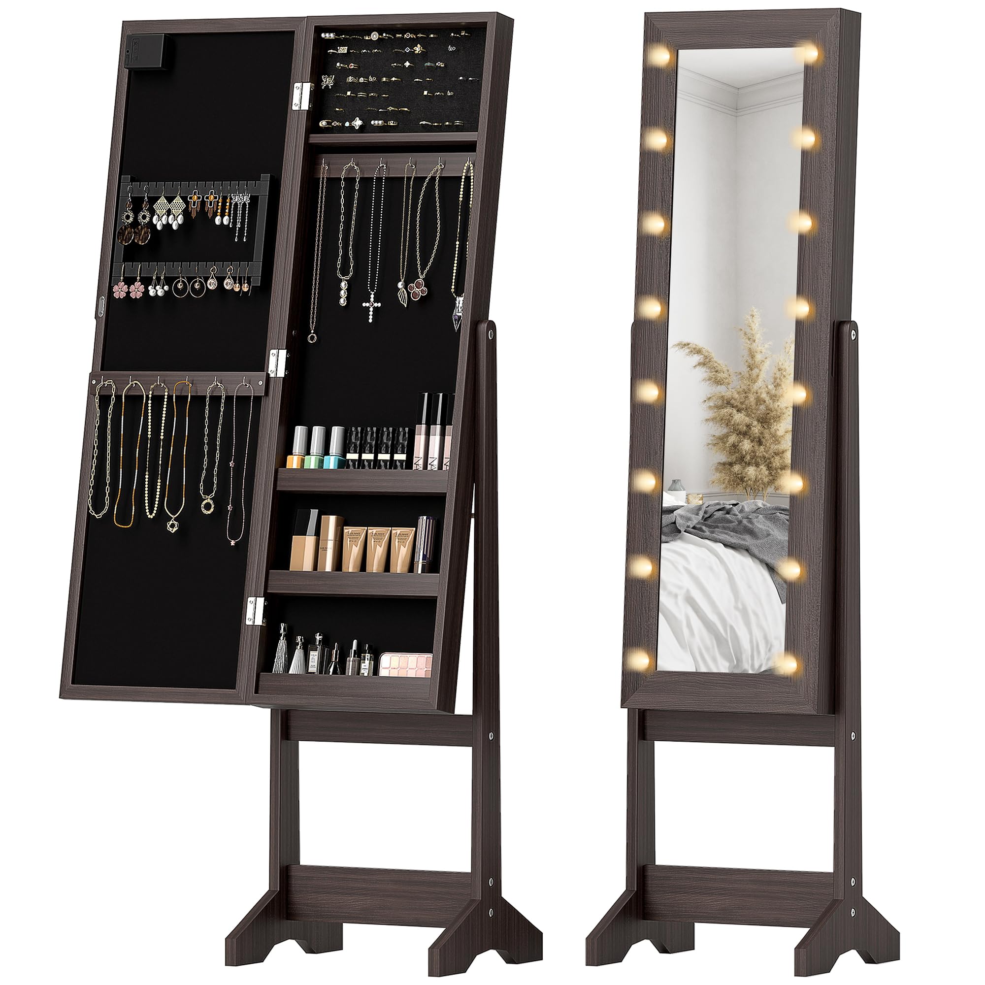 HOMCOM Freestanding Mirror Jewelry Cabinet with LED Lights, Jewellery Organiser with 3 Angle Adjustable, Full-Length Mirror with Storage for Earrings, Necklaces, Rings and Lipsticks, Dark Brown โ image 1