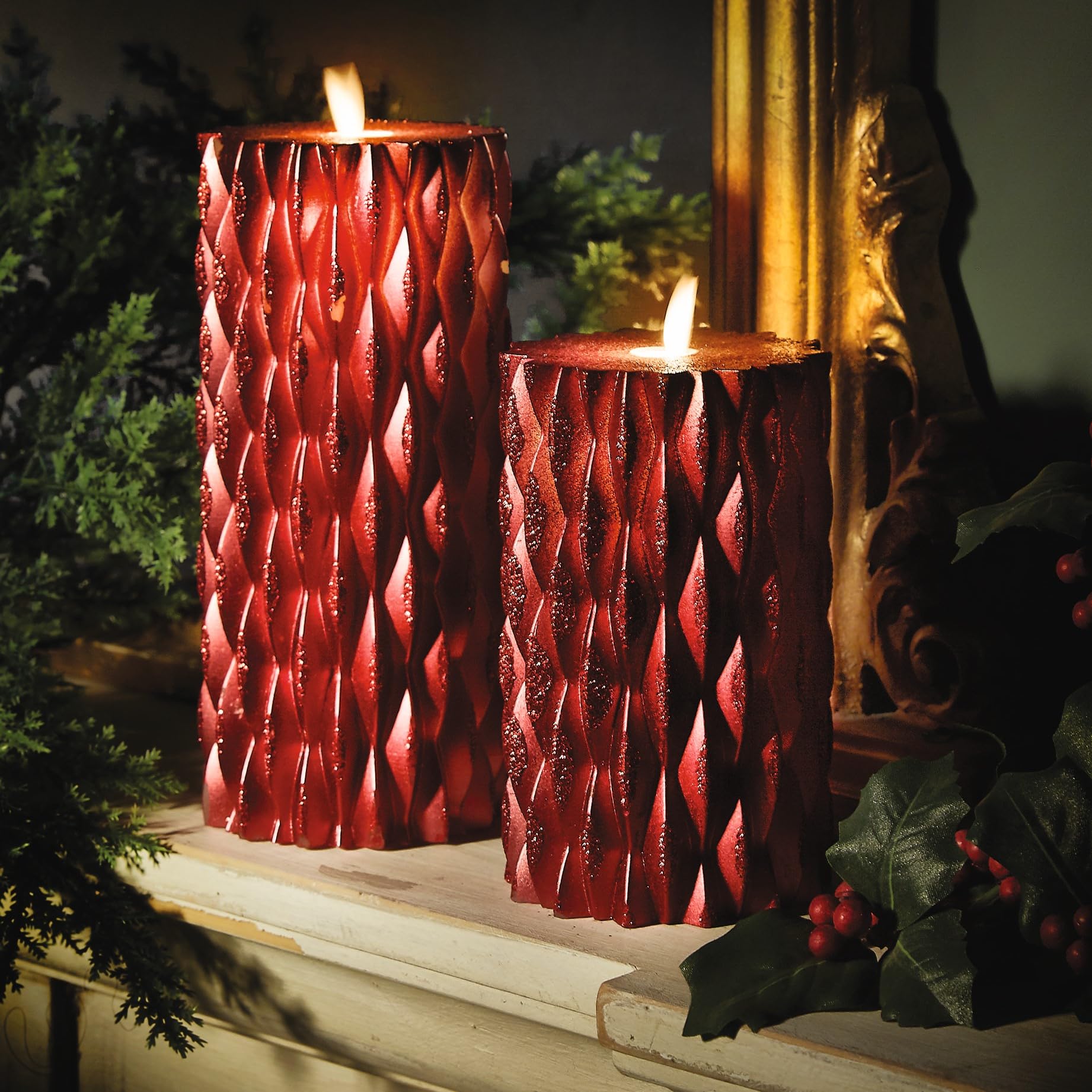 Set of 2 Sparkly Red Real Wax LED Candles – Battery Powered Faux Flameless Flickering Decorative Pillar Candle Lights, Indoor Home Decoration – H15 & H20 x 9cm Diameter