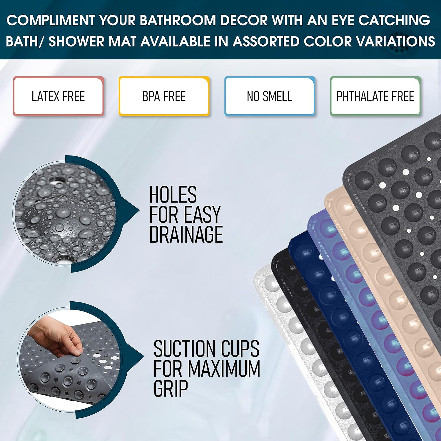 ENKOSI Non-Slip Square Shower Mat 21 x 21 inch – Anti-Slip PVC Bath Mat for Inside Shower Stalls – Durable Shower Floor Mat with Suction Cups and Drain Holes (21x21 Clear Blue)
