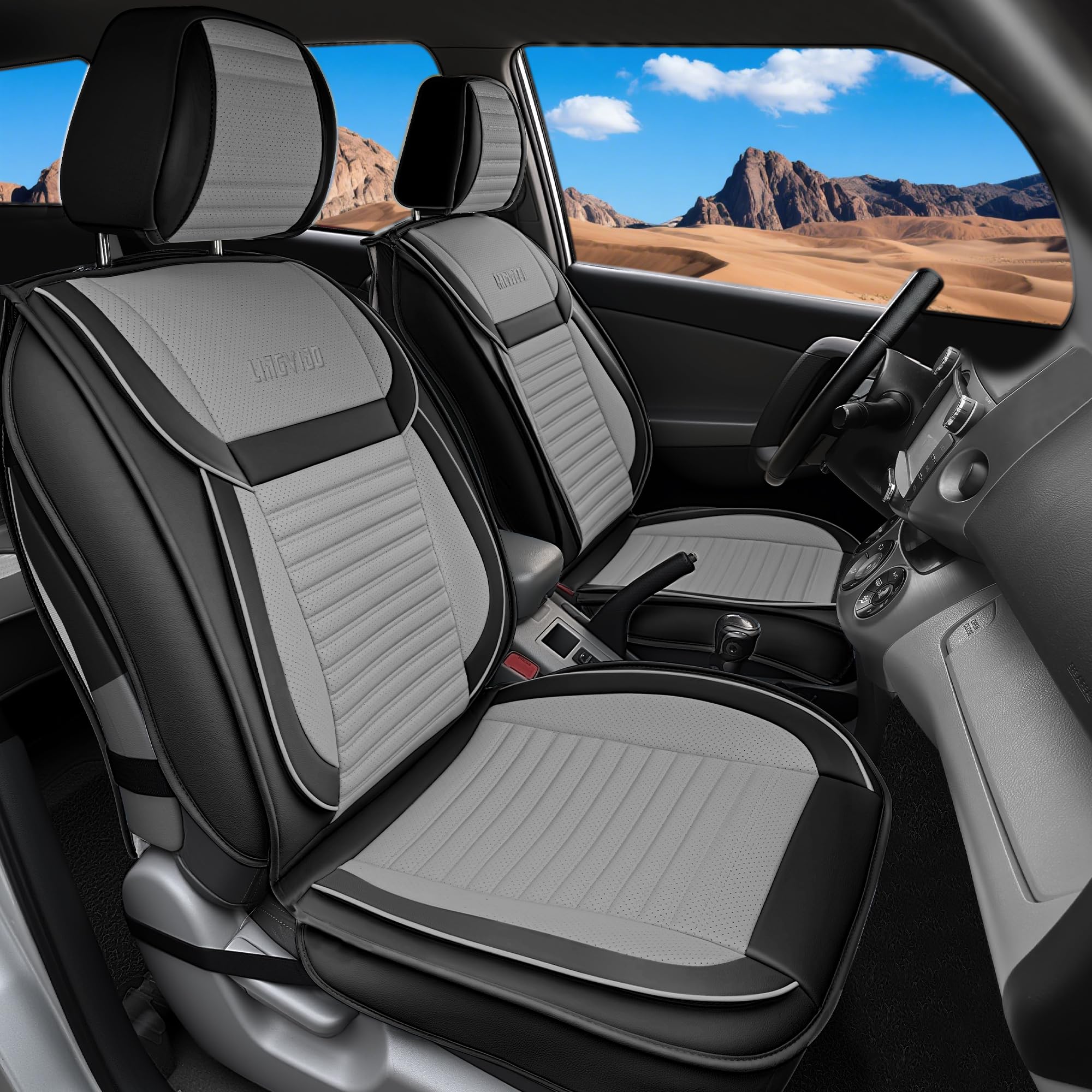 LINGVIDO - Fundas de asiento de coche transpirables e impermeables de piel sintética para coches, SUV, camiones y sedán, universales, antideslizantes, con respaldo, color gris y negro