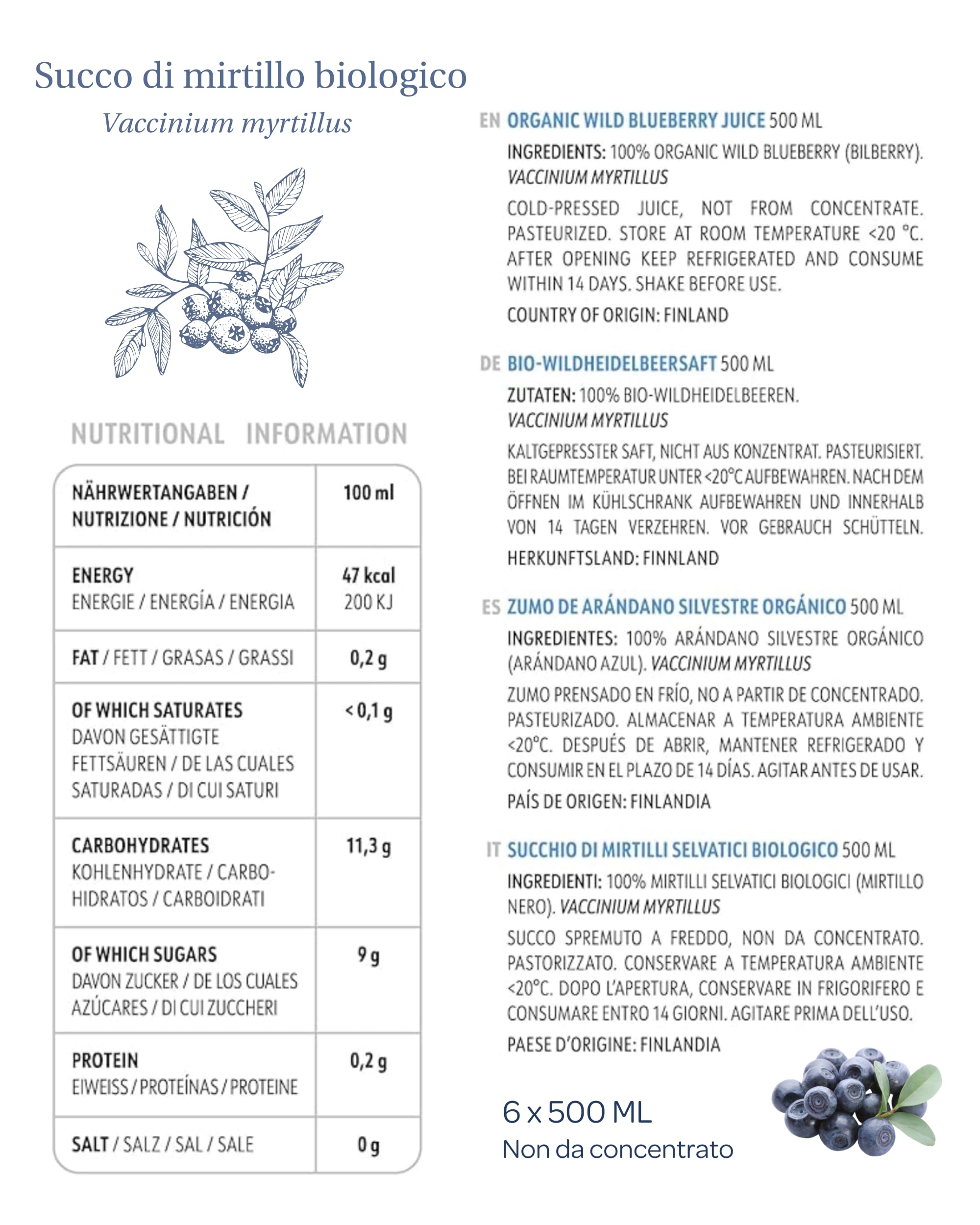 Succo di mirtillo selvatico biologico LOOV – 100% puro, non da concentrato, spremuto a freddo da bacche nordiche raccolte in natura, senza acqua né zuccheri aggiunti – 6 x 500 ml