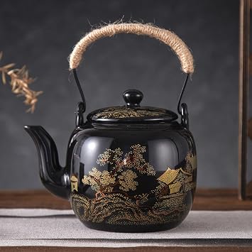 DUJUST Traditional Japanese Tea Pot, Black Porcelain Chinese Teapot with Stainless Infuser, Beautiful Asian Teapot for Adults, Tea Lover/Women/Men Countryside in Golden