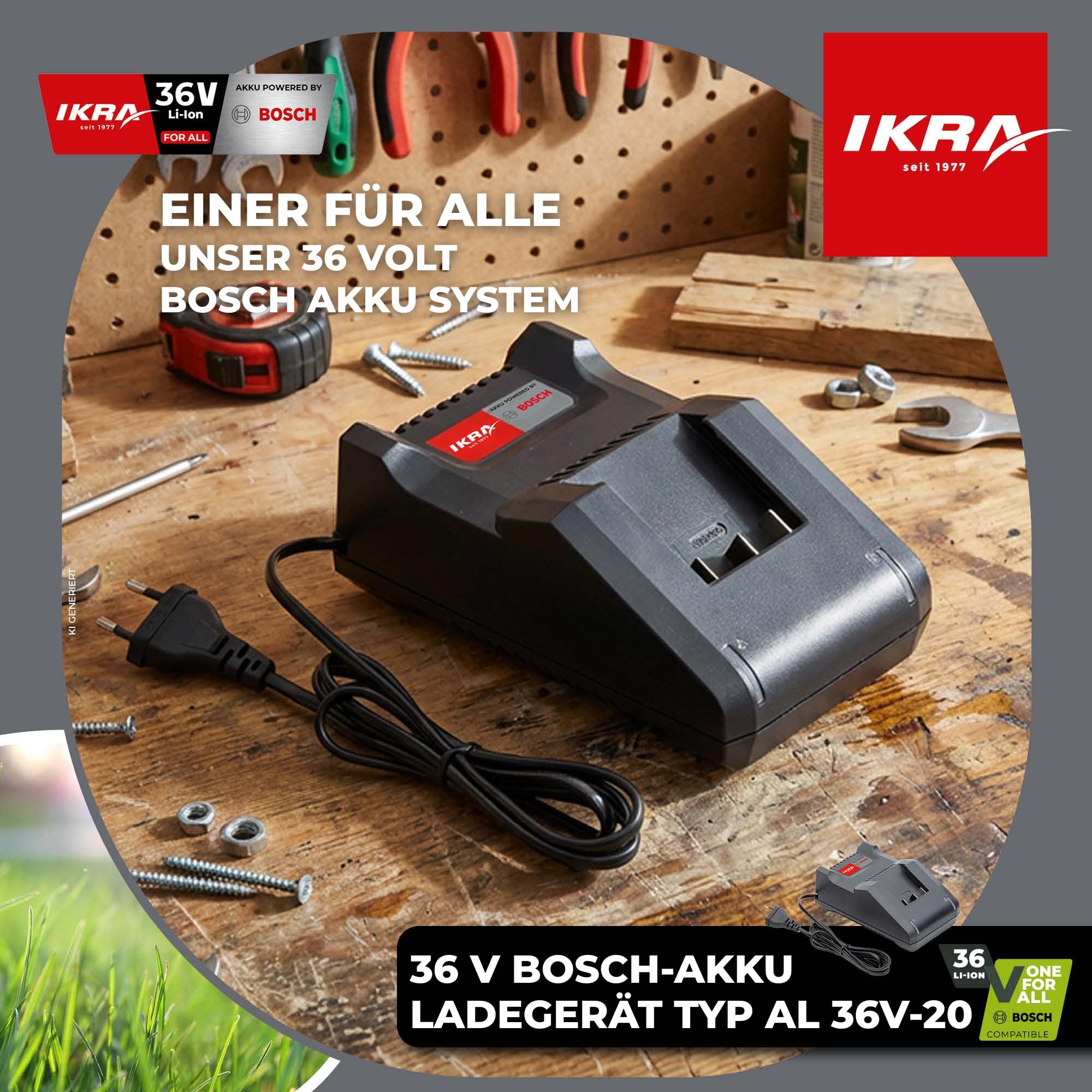 IKRA 36V Akku Ladegerät Ladestation Typ AL 36V-20 mit LED Anzeige, kompatibel mit Allen Bosch 36 Volt Geräten