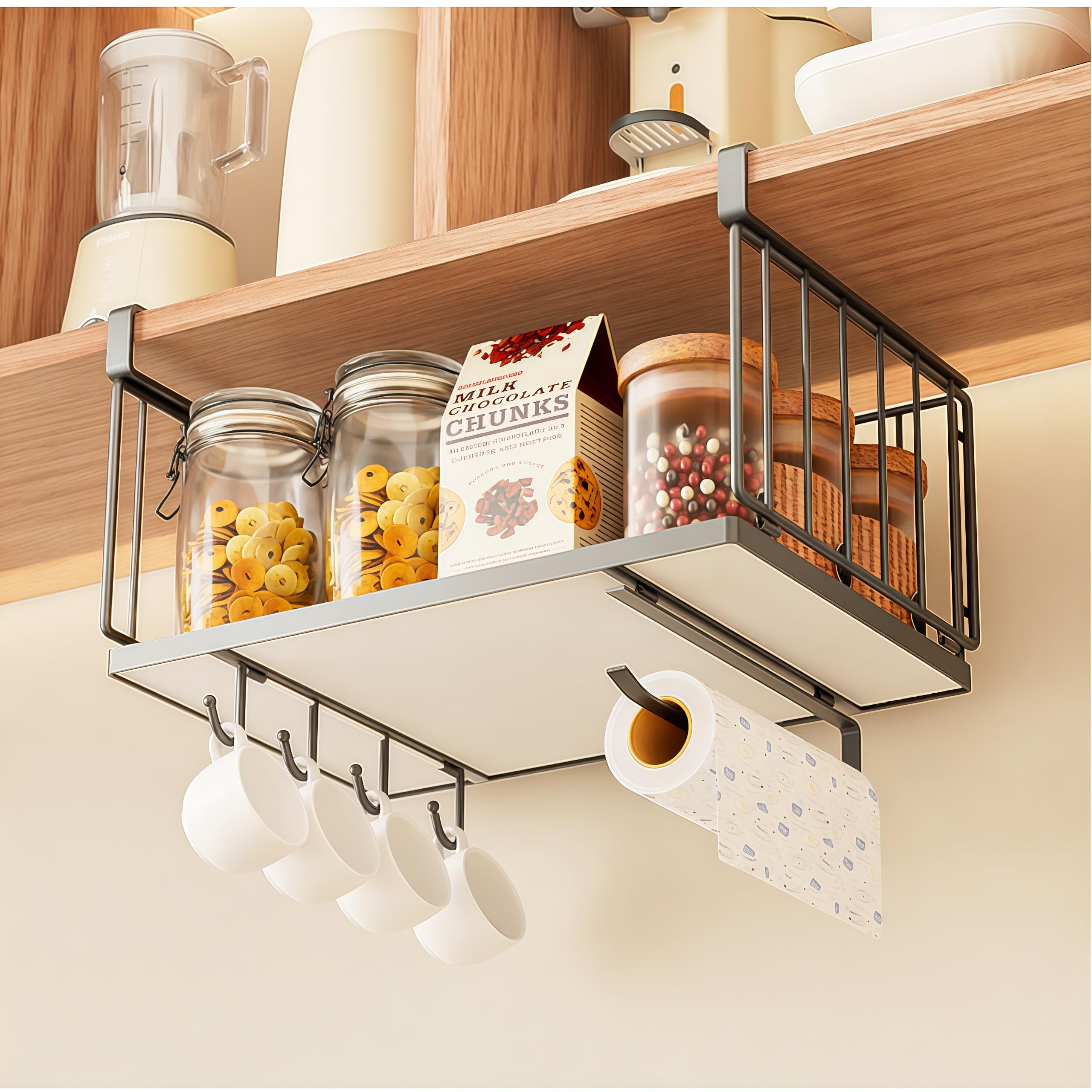 MIUSITE Under Shelf Storage Basket, Kitchen Storage & Organisation with Multiple Hooks and Solid Metal Tray Under Shelf Hanging Metal Wire Basket for Kitchen Pantry Cabinet Desk Bathroom (Black)
