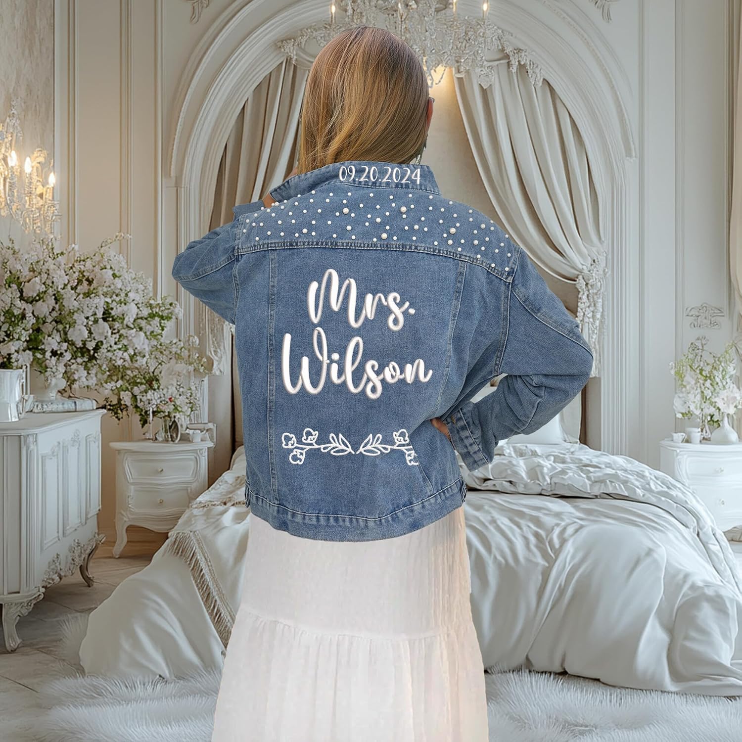 Custom Future Mrs Denim Jacket, Bride Jean Jacket With Pearls, Embroidered Denim Jackets For Bride with Rhinestone For Wedding, Wedding Gifts For Bridal