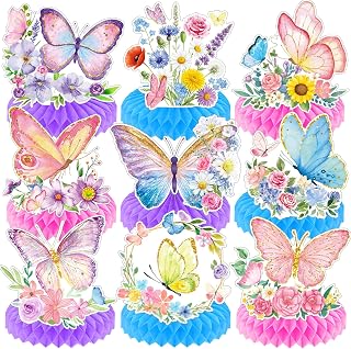 9 Pieces Butterfly Honeycomb Table Centerpieces, Colorful Floral Butterfly Decorations with Pink Purple Blue Bases, Spring Garden Party Supplies for Birthday Baby Shower Bridal Wedding Decor