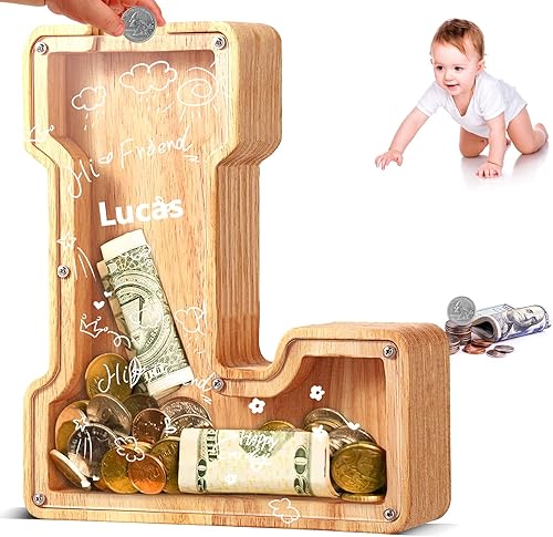 UBeesize Alcancía Personalizada de Madera con Letras para Niños, Alcancía para Niños y Niñas, Banco de Monedas para Regalo de Cumpleaños para Niños,