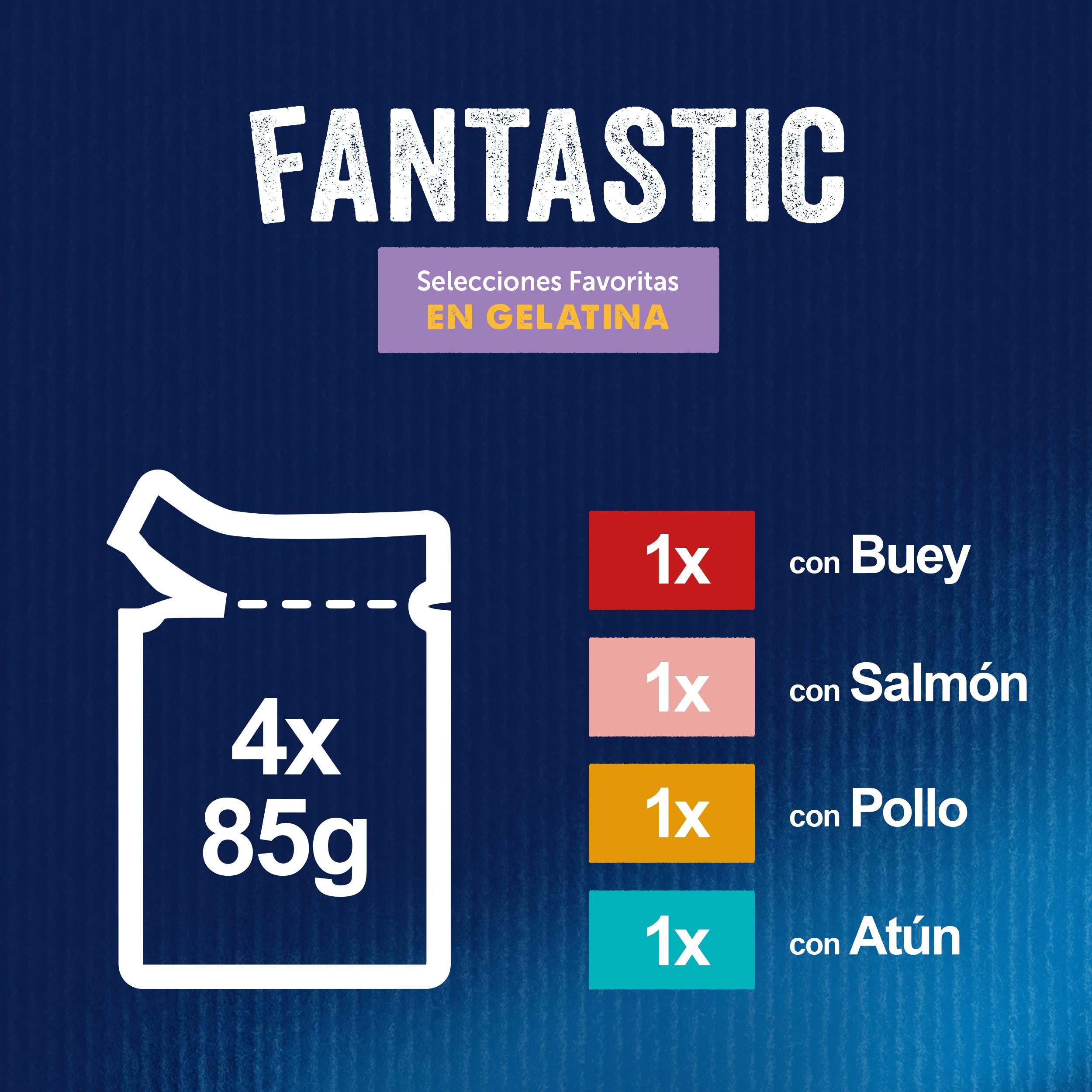 FELIX Fantastic, Comida Húmeda para Gato Adulto, Gelatina, Surtido de Buey, Salmón, Pollo y Atún, 12 Packs de 4 Sobres de 85 g. (48 Sobres)