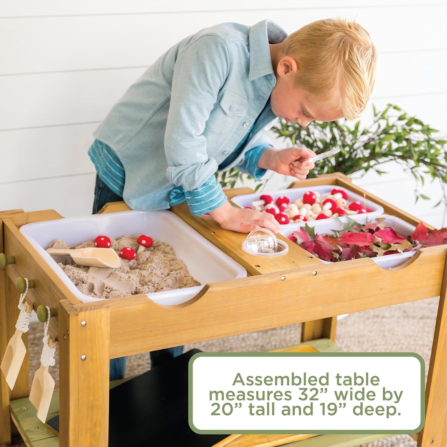 MindWare Sensory Sprouts Sensory Table, Sturdy Wooden Activity Table with 3 Sensory Bins, Cups and Hooks for Tactile Play, Indoor or Outdoor Use for Kids Ages 3+, Sensory Play Gift for Kids
