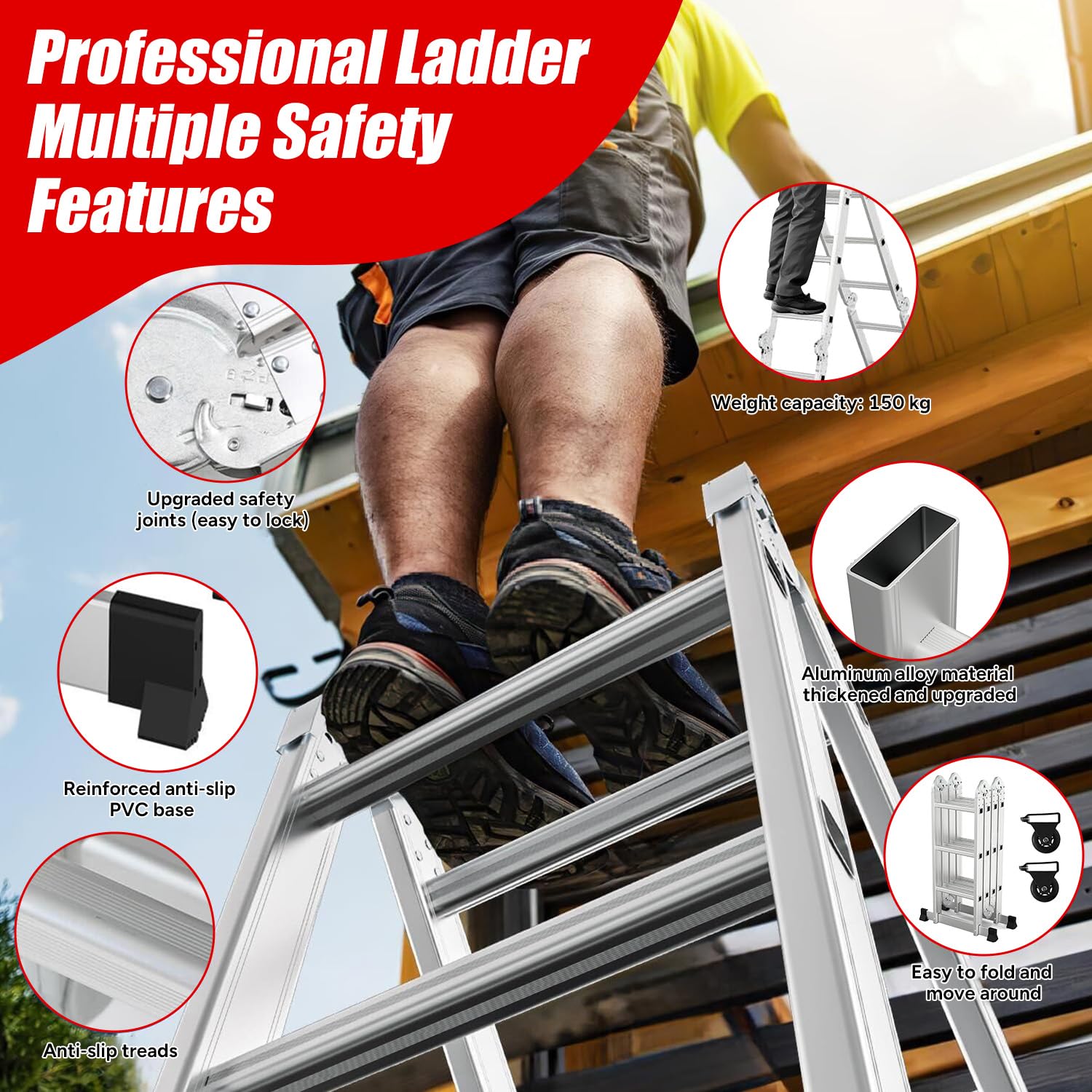 OUTIGO Escalera Multiusos 4x3, 7 en 1, 12 peldaños, Plegable, de Aluminio, con 2 Ruedas, para Uso doméstico, Carga máxima 150 kg