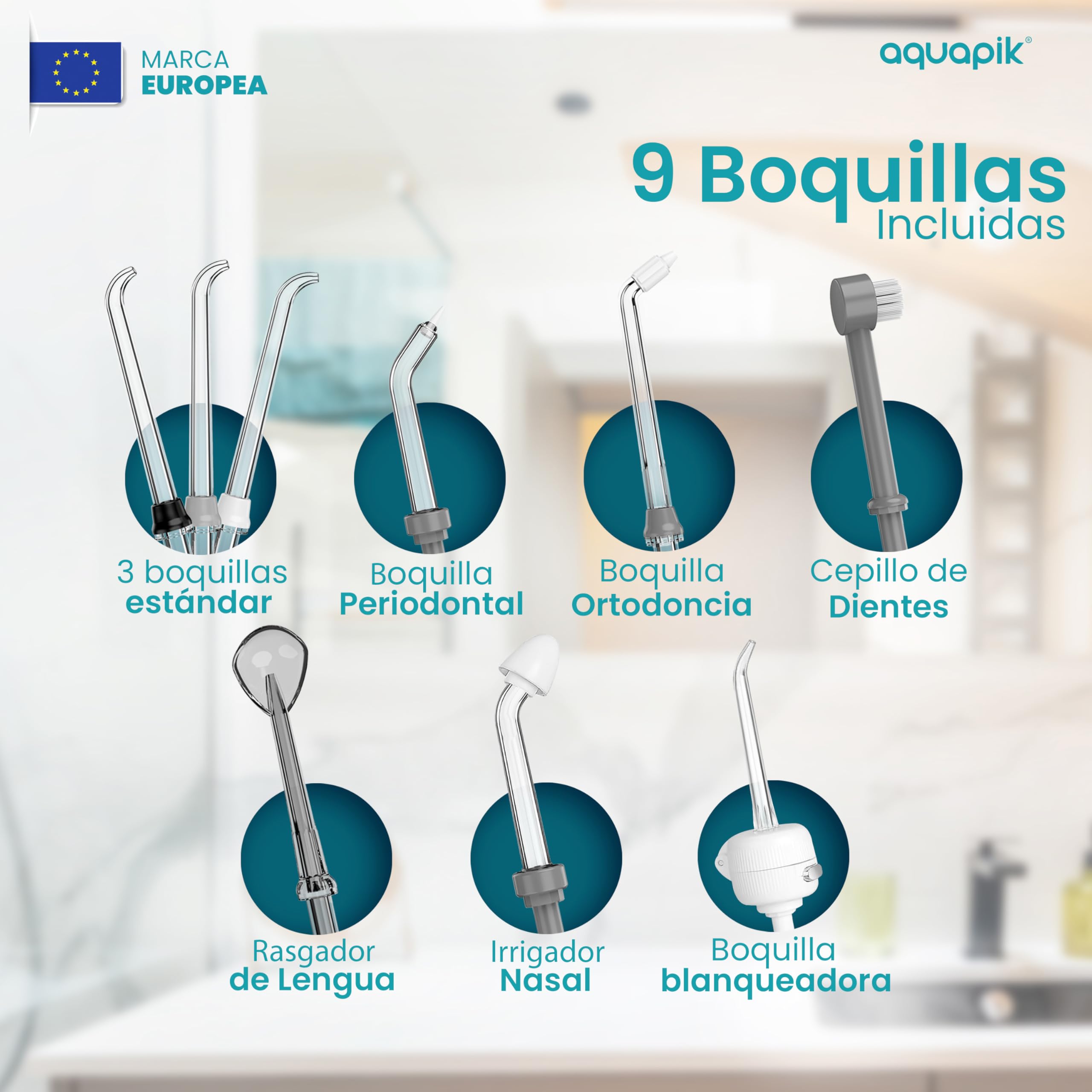 Aquapik® ADVANCED irygator do jamy ustnej, idealny do ortodoncji, implantów i wrażliwych dziąseł, zestaw wybielający + 8 ust, 10 poziomów ciśnienia, zalecany przez dentystów (szary)