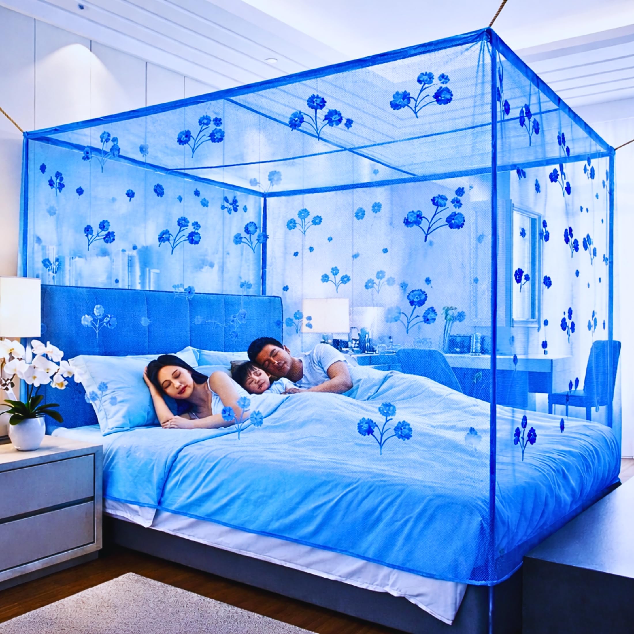 SR ENTERPRISE Floral Printed Mosquito Net for Queen Size Bed| Double Bed Mosquito Net| Queen-Size Premium Machardani I Strong and Durable Size-6x7 / 7x7 (Blue, Double Bed)-image-12