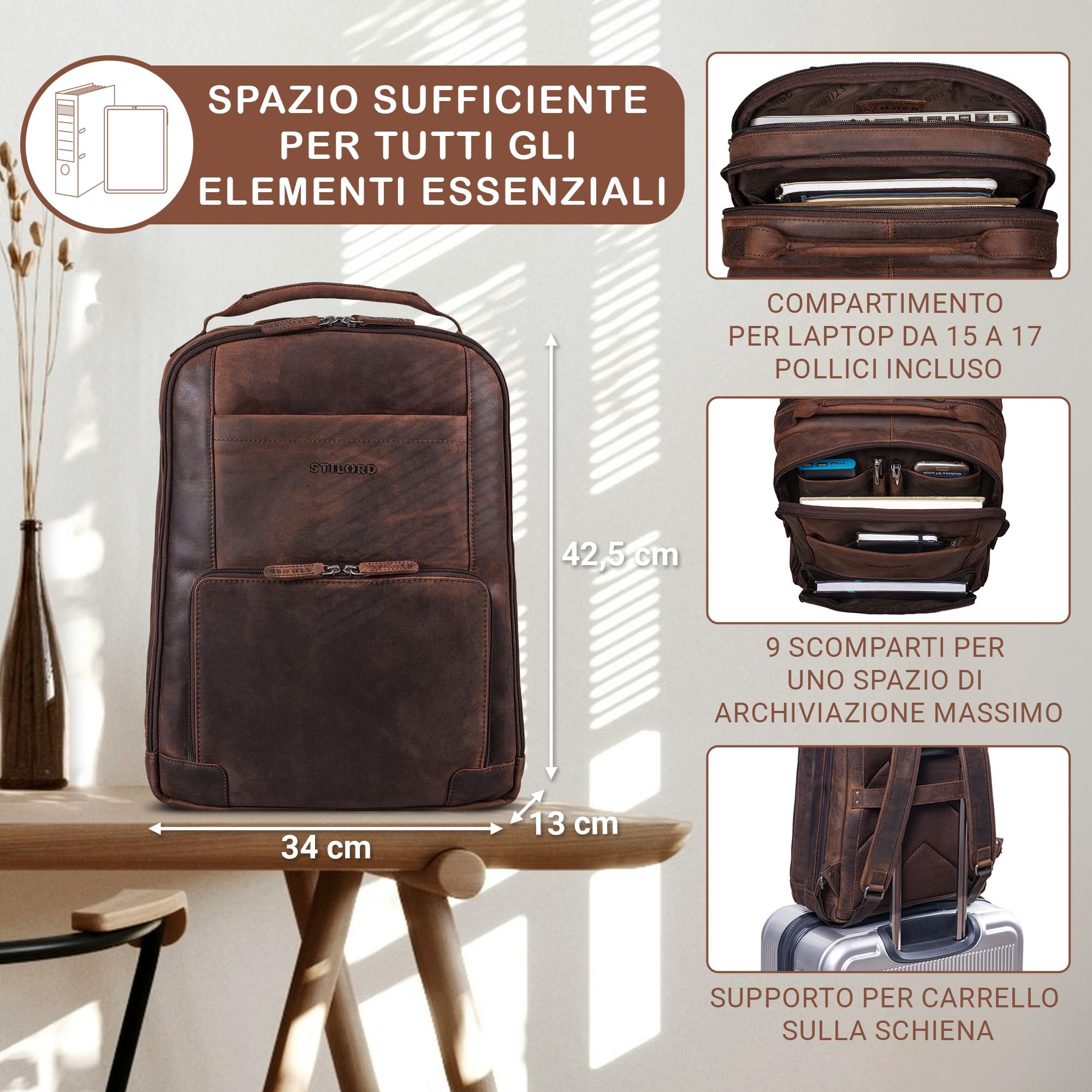 STILORD Zaino in Pelle XL per Laptop 15-17 Pollici | Business Porta PC da Lavoro | Sistema di Attacco al Carrello | Vera Pelle, Zamora - Marrone
