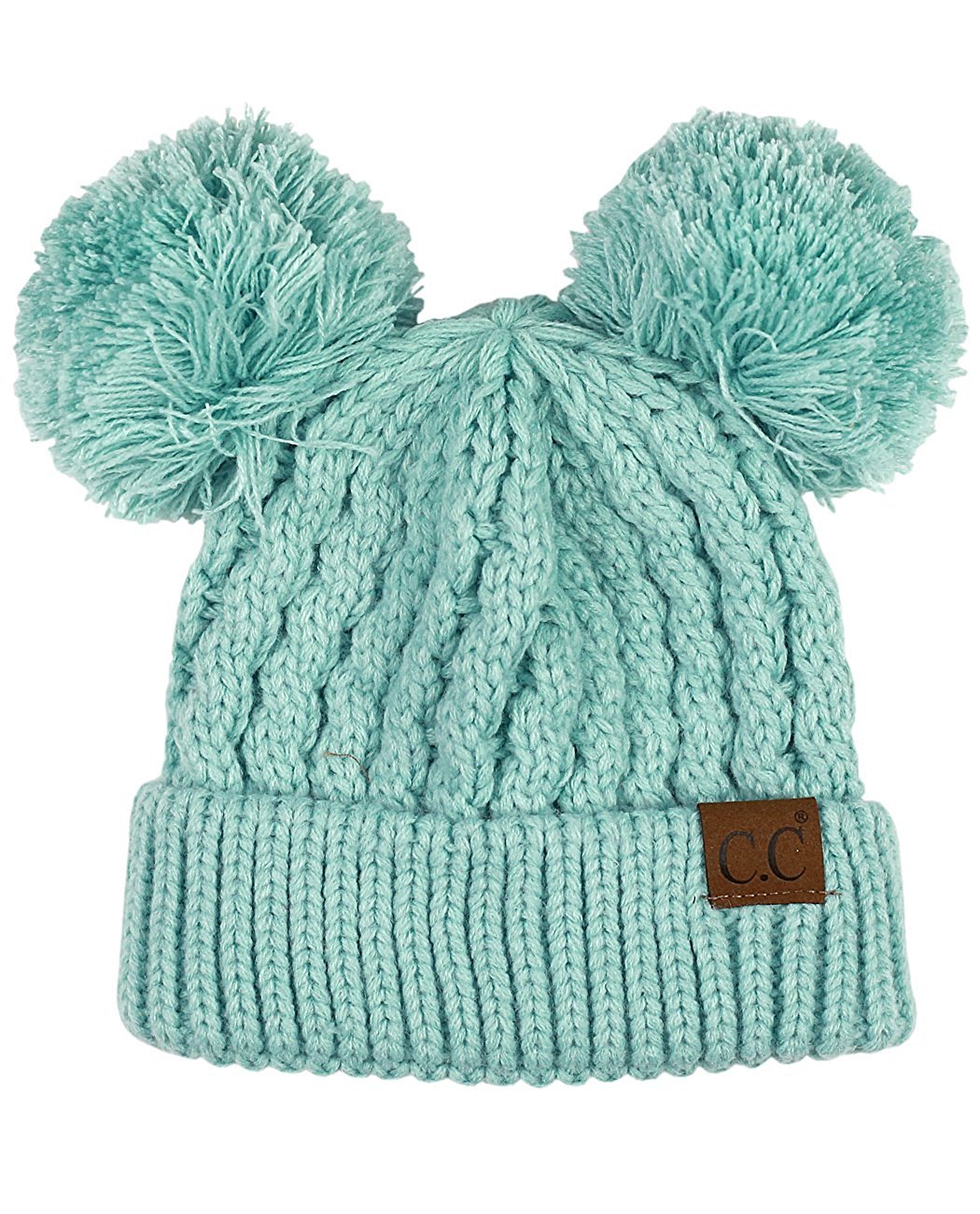 Gravity Threads 2 Pom Pom Cable Knit Soft Stretch Beanie, Mint