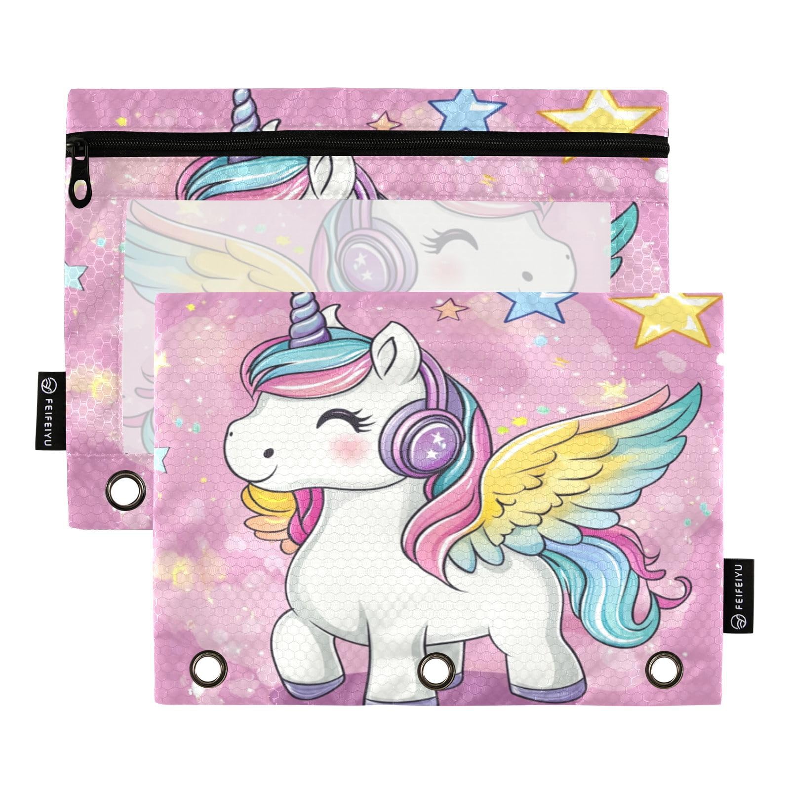 Gredecor Binder Pencil Pouch 3 Ring Cute Unicorn (1) Zipper Pencil Pouches Case 2 Pack Clear Binder Organizer for Kids School Office