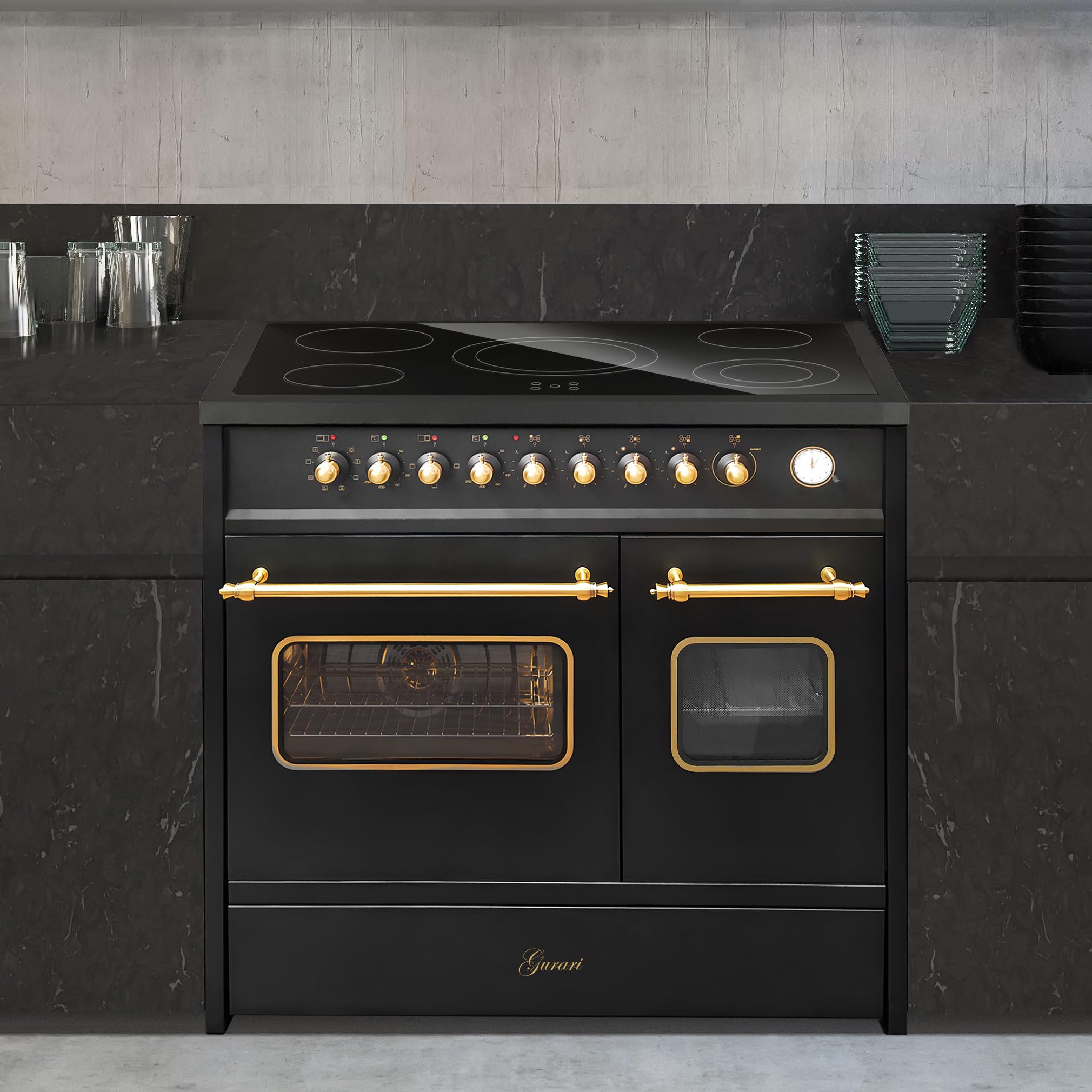 GURARI Cuisinière électrique GCH E 912 DF BL r +plaque de cuisson vitrocéramique 90 cm Noir Range Cooker Électrique Double Four
