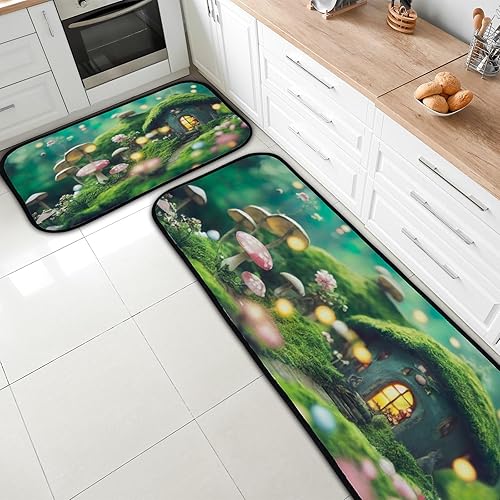 Miniatura 8 de Juego de 2 alfombras y tapetes de cocina, antifatiga, beige, brillante, colorido, mariposas, encaje, floral, antideslizante, lavable, cómodo, para