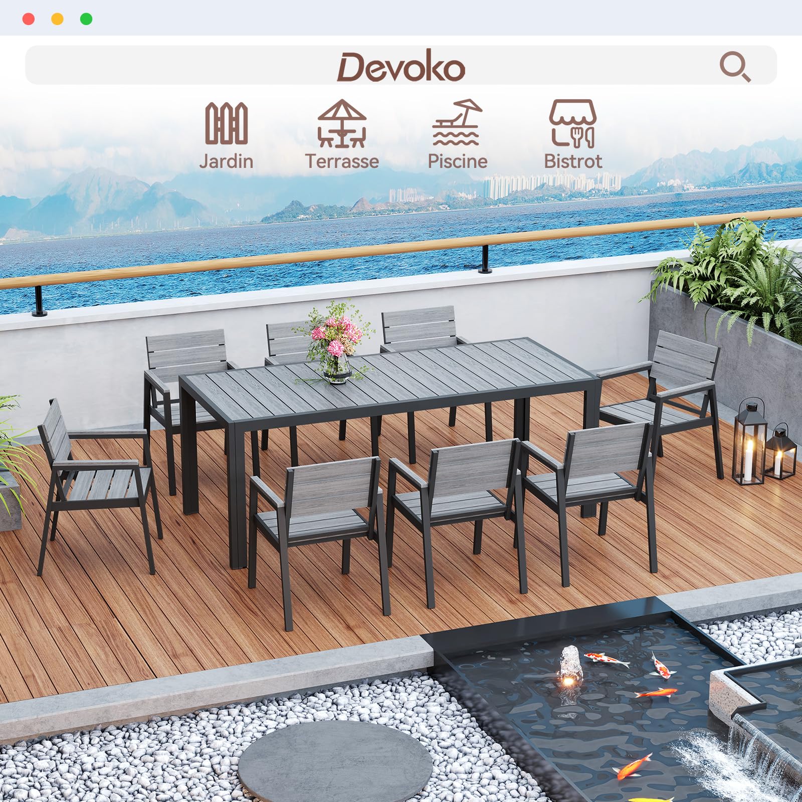 Devoko Gartenmöbel Set 8 stühle mit tischt, Hochwertiges Gartenset Tisch und stühle in Holzoptik, Balcony Furniture alu, Gartengarnitur wetterfest, rostfrei, leicht und langlebig, Dunkelgrau.