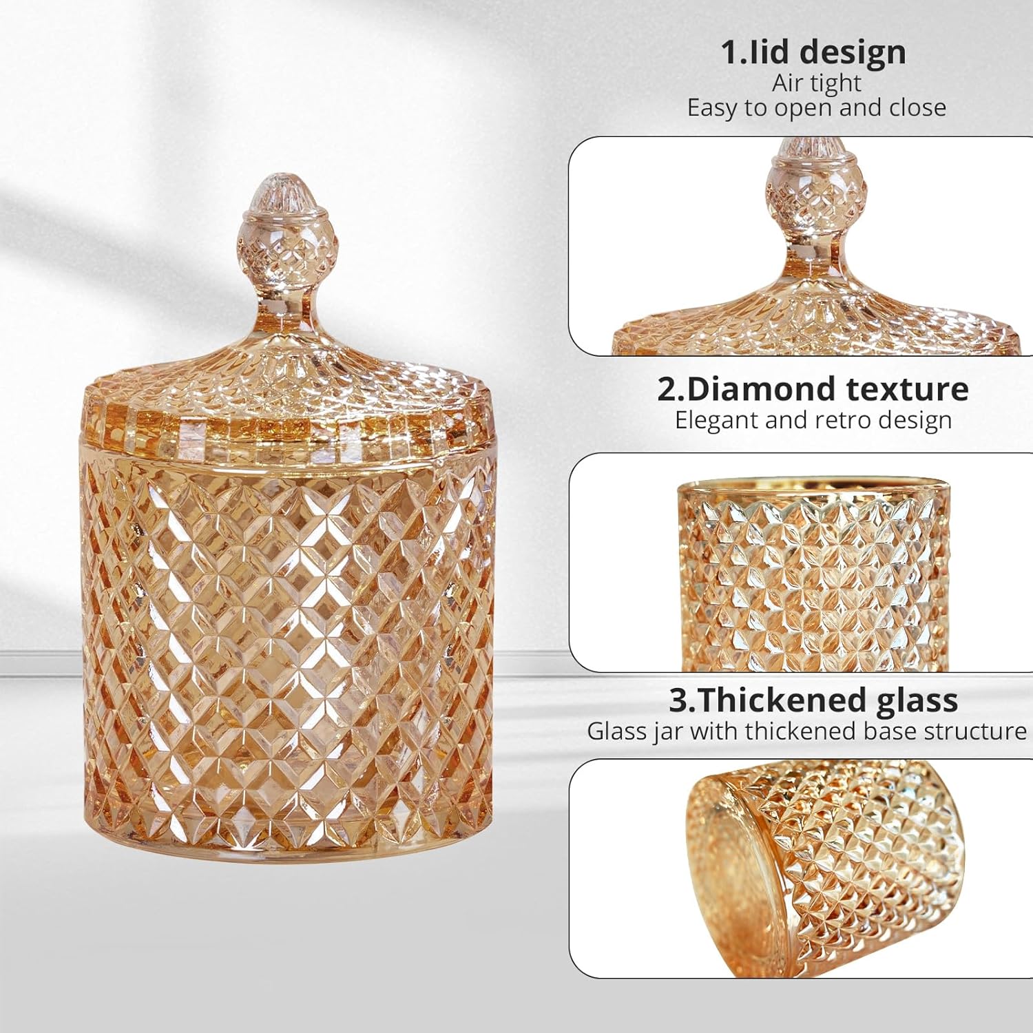 R FLORY 2 Pack Qtip Holder Glass Apothecary Jars with Lids Bathroom Storage Organizer for Cotton Swabs, Balls, Pads, Floss Picks, Vanity Storage Containers for Makeup, Candy, Jewelry (10+24oz, Amber) - Image 6