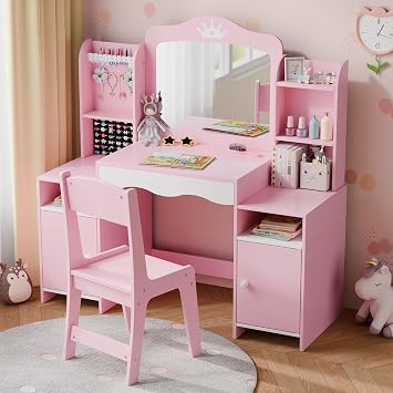 Kids Vanity, Girl Vanity Set with Storage Cabinet & Open Shelf, 2 In 1 Kids Vanity Table and Chair Set with Jewelry Storage, Princess Toddler Makeup Vanity with Mirror for Little Girls Pink