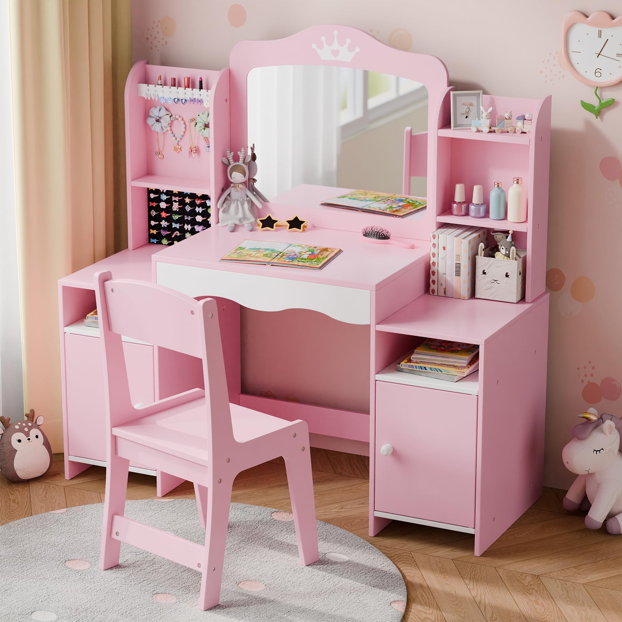 Kids Vanity, Girl Vanity Set with Storage Cabinet & Open Shelf, 2 In 1 Kids Vanity Table and Chair Set with Jewelry Storage, Princess Toddler Makeup Vanity with Mirror for Little Girls (Pink)