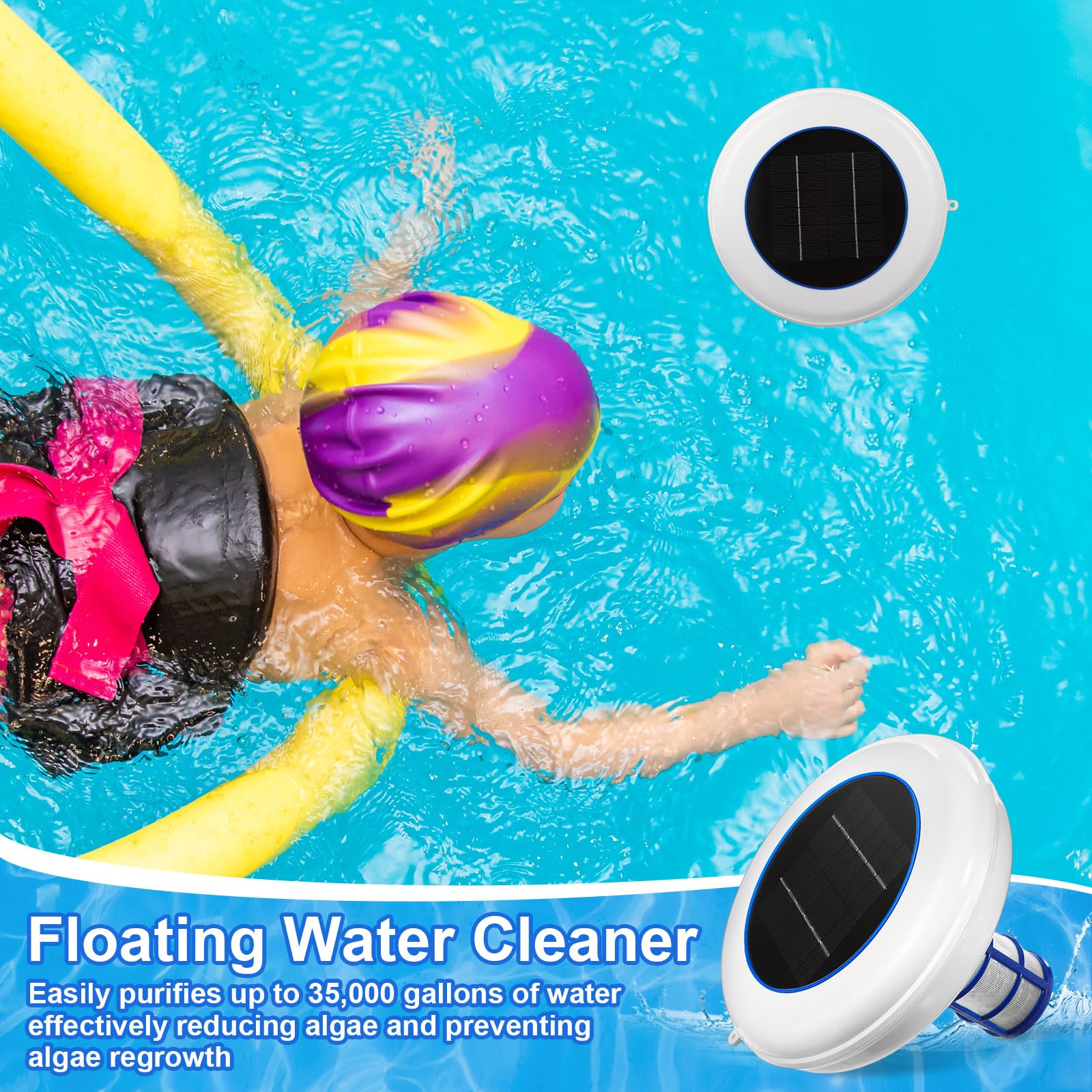 Qualirey 1 juego de ionizador de piscina solar flotante limpiador y purificador de agua, mata algas en la piscina, 85% menos de cloro, con 4 piezas de bola eliminadora para piscinas y spas de agua