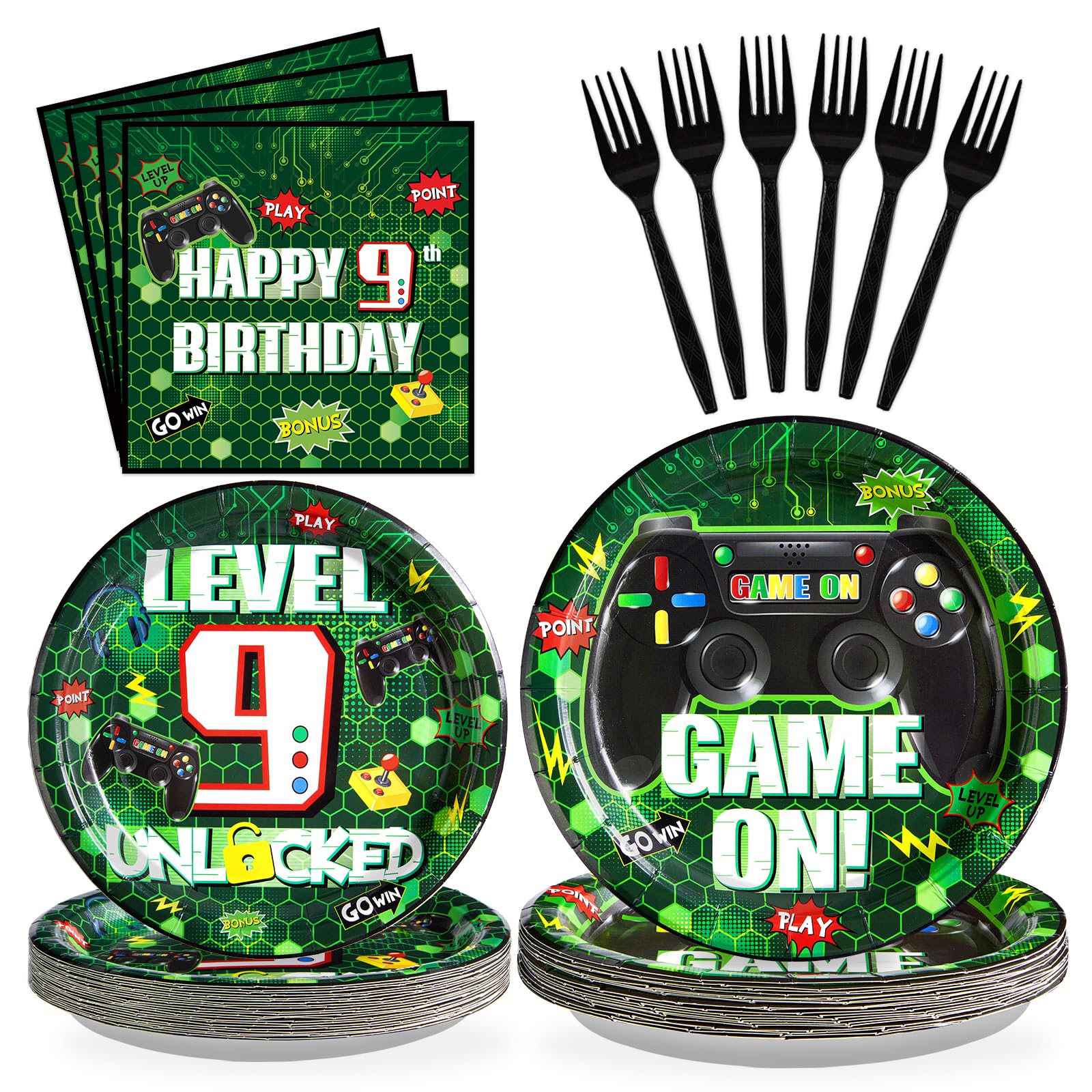 Grencian 96 Pcs 9th Video Game Birthday Party Decorations Green Video Game Level 9 Birthday Plates and Napkins Tableware Sets for Kids Boys 9 Years
