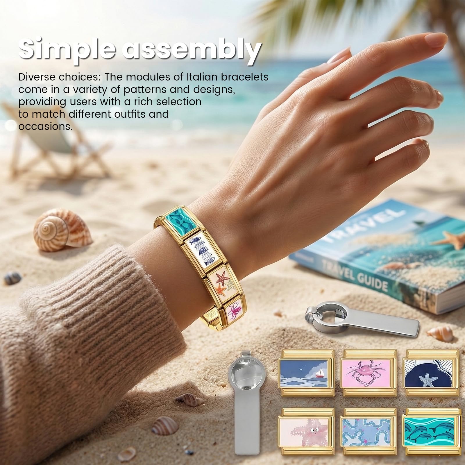 Pulsera Italiana de Encantos Conjunto de Brazalete Dorado con 1 Pulsera Inicial, 10 Encantos Italianos Temáticos del Océano con Herramienta de Apertura, 9 mm Encantos Italianos Modulares,