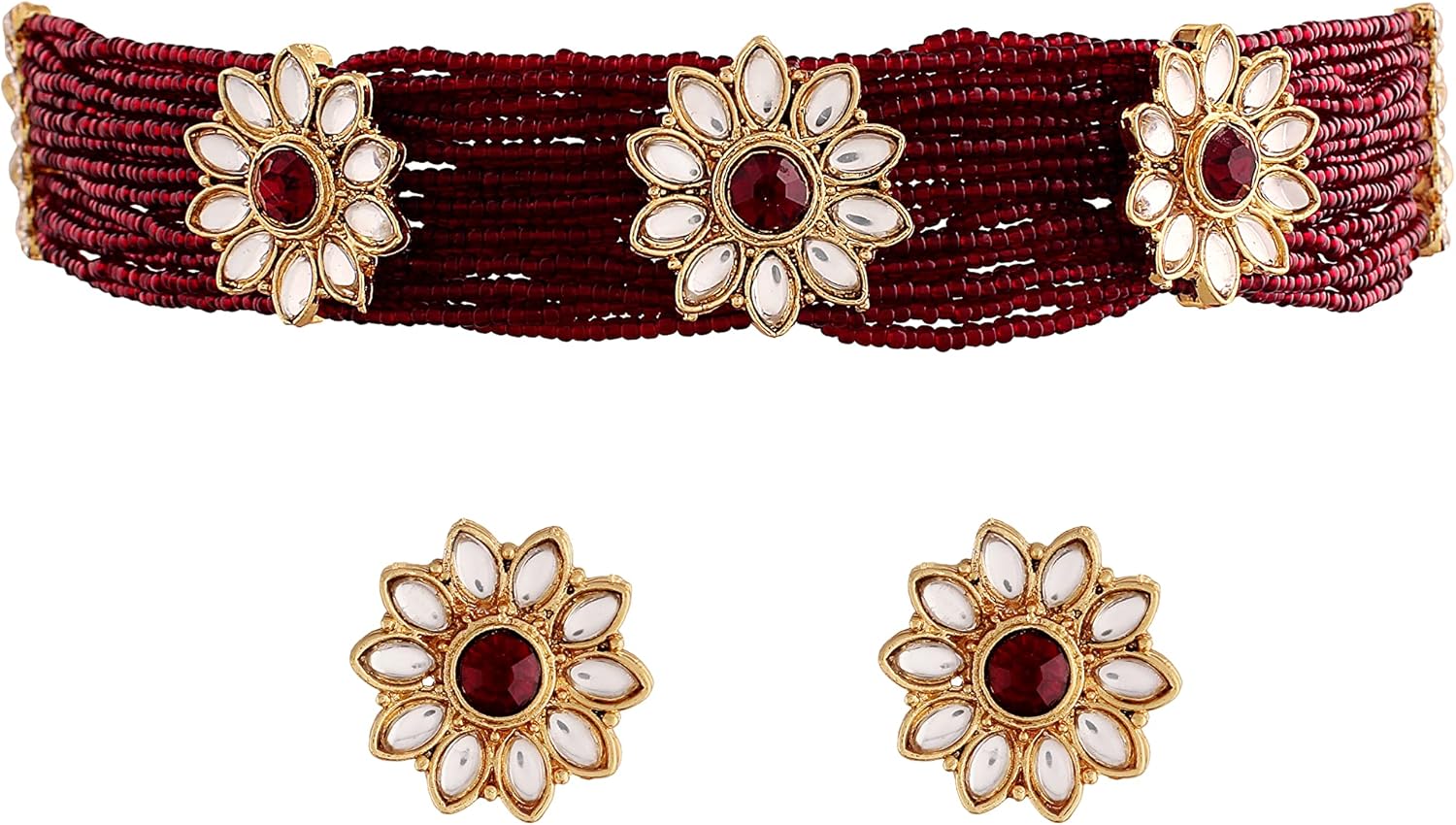 I Jewels Indian BollywoodGold Plated Light Weighted Beaded Floral Choker Jewelry Set Encased With Faux Kundan Along with Earrings for Women (ML228)