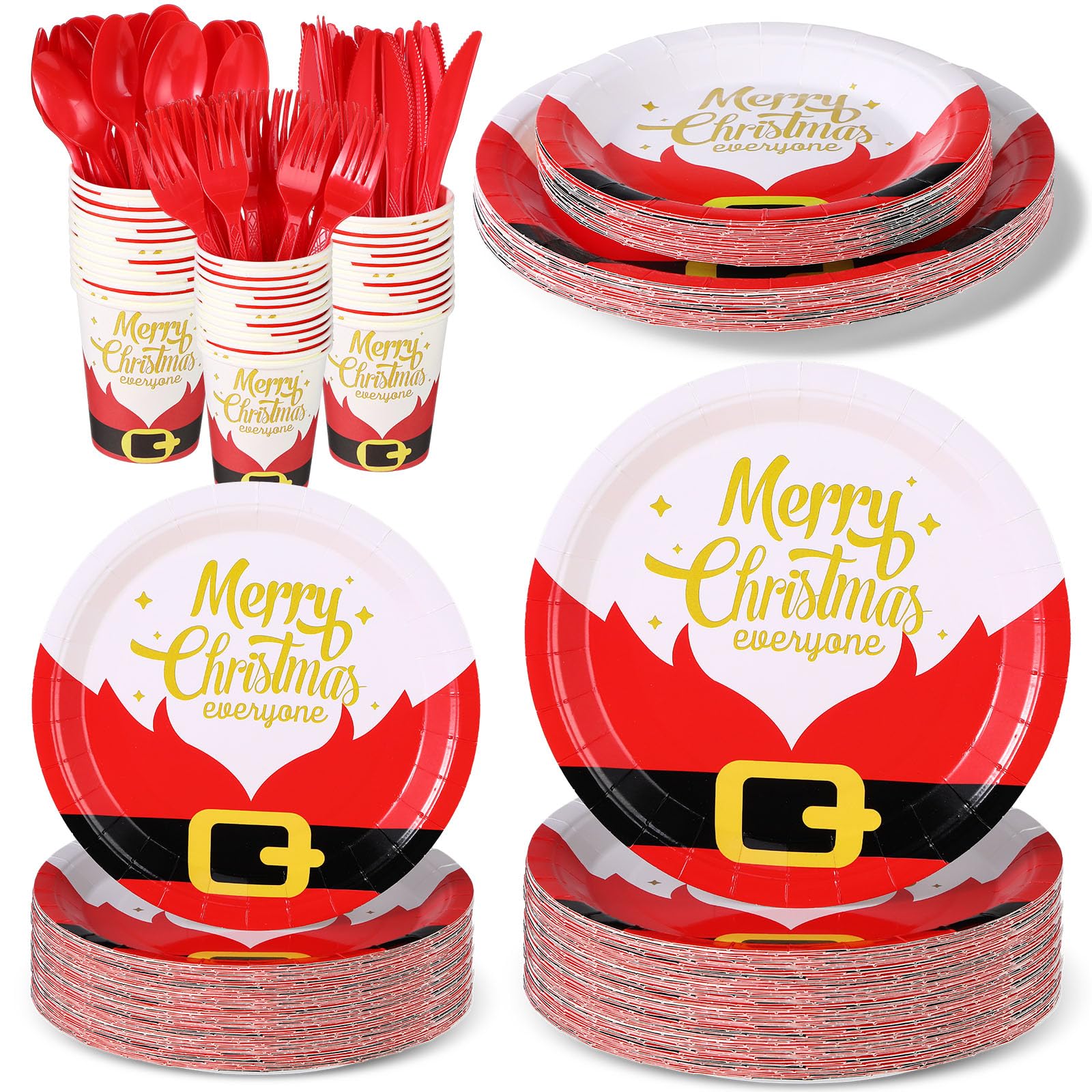 144 Pcs Christmas Party Decoration Supplies for 24 Disposable Christmas Dinnerware Set with Plates Cup Cutlery Santa Belt Tree Tableware for Holiday Dinner Christmas New Year Party(Belt)