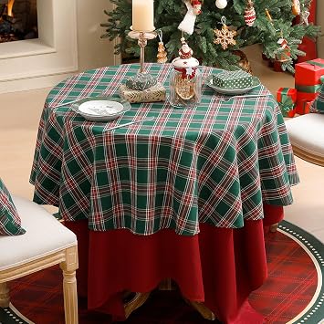 Softalker Small Xmas Table Cloth Round 120 cm Diameter Christmas Green Tartan Tablecloth Wipe Clean New Year Table Cover Festive Decoration for Autumn Coffee Birthday Party Outdoor Garden Tabletop