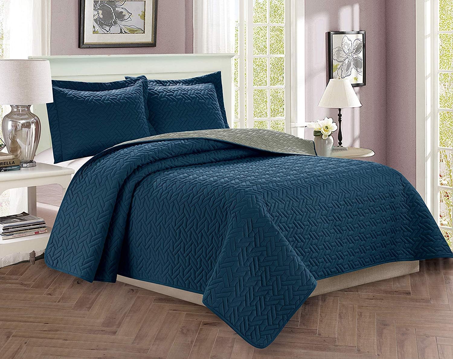 Celine Linen Luxury 3-Piece Bedspread Coverlet Majestic Design Quilted Set with Shams - All Season Heavy Weight- - Wrinkle & Fade Resistant- King/California King, Navy Blue/Gray