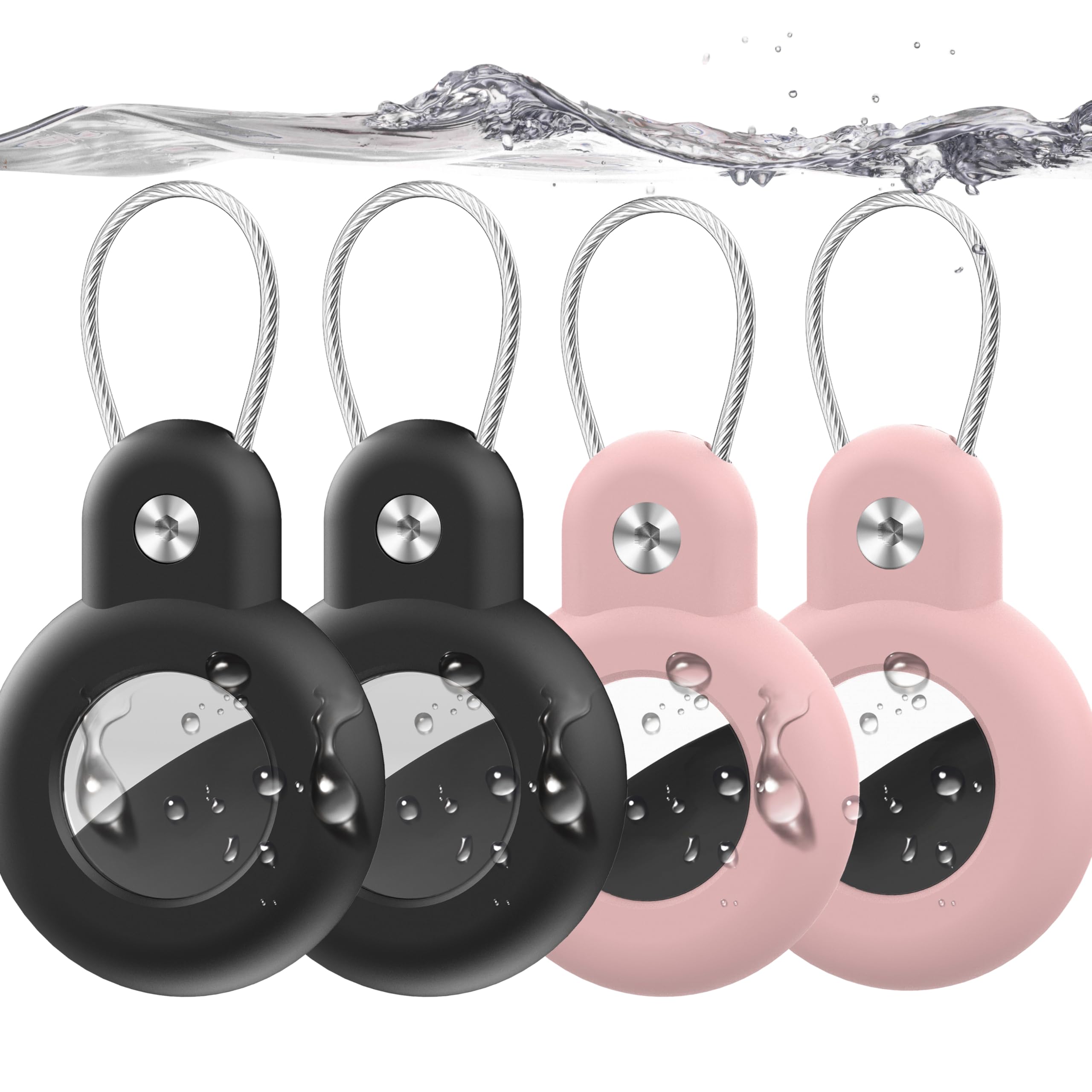 AirTag Holder 4 Pack – Waterproof Protective Case with Steel Wire Cable, Anti-Lost Shockproof Keychain Compatible with Apple airtag for Luggage, Keys, Backpack, Bikes, Pets(2Black/2Pink)