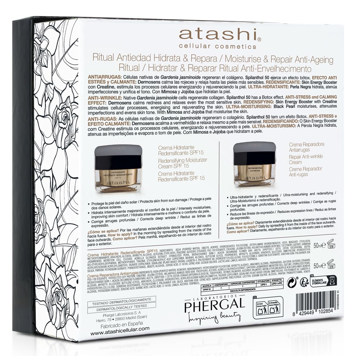 Atashi | Cofre Ritual Hidrata y Repara | Crema Hidratante Redensificante SPF15 + Crema Reparadora Antiarrugas | Con Gardenia, Perla Negra, Retinol y Spilanthol Activo | 50 ml + 50 ml