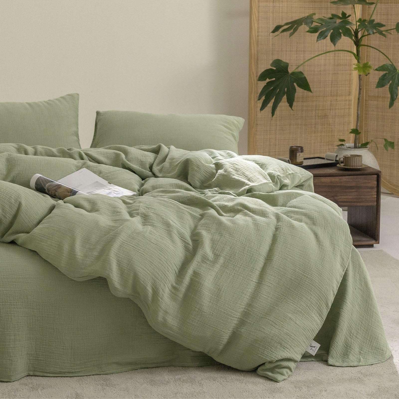 Parure de lit en mousseline de coton vert matcha pour une chambre zen et des nuits douces KEAYOO