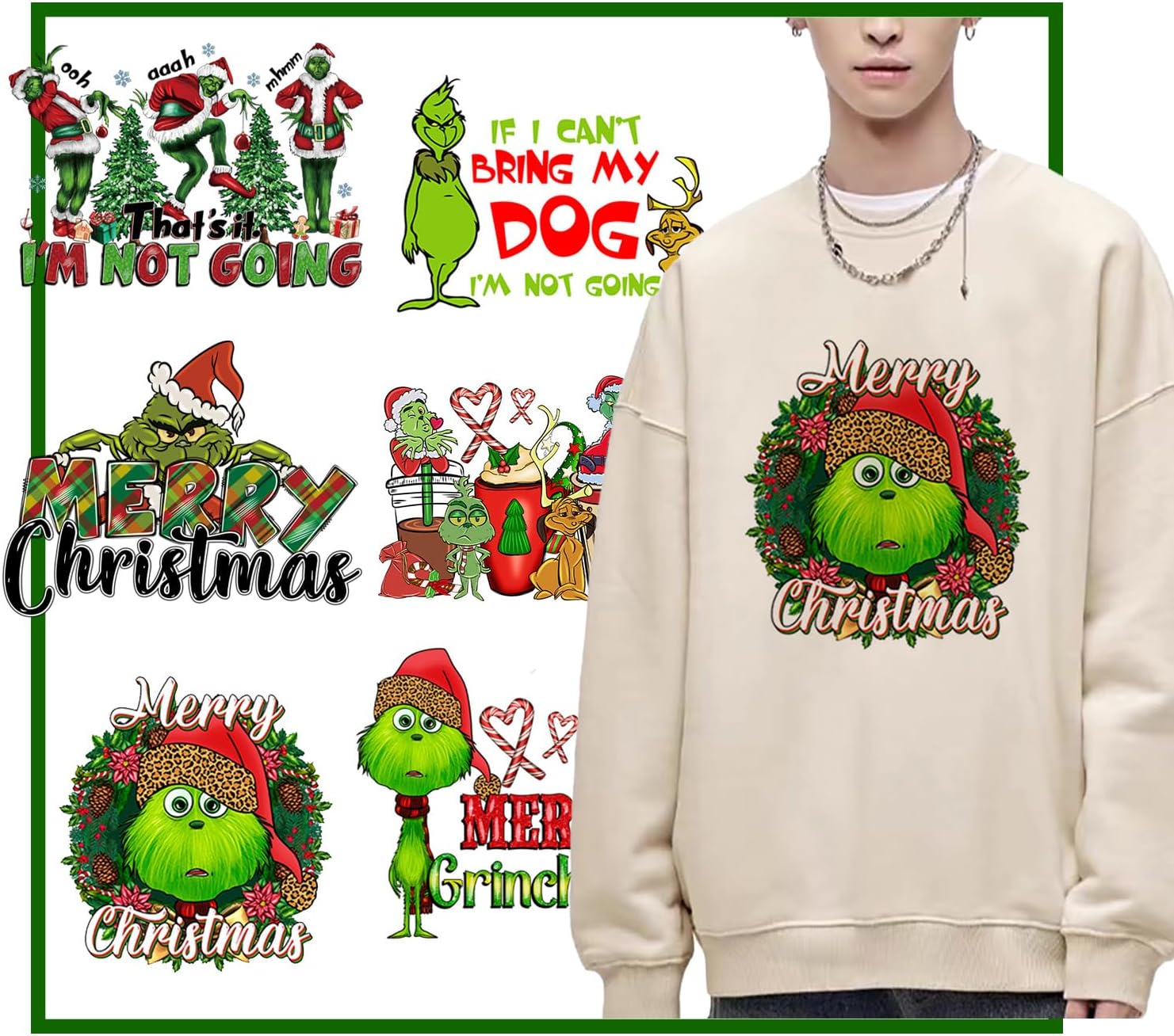Christmas Iron On Transfers for T-Shirts Cute Cartoon Christmas Iron on Decals Dtf Transfers Ready to Press Green Iron On Vinyl Stickers for Christmas Costume Clothes Pillow Hoodie DIY Craft 6 Pcs