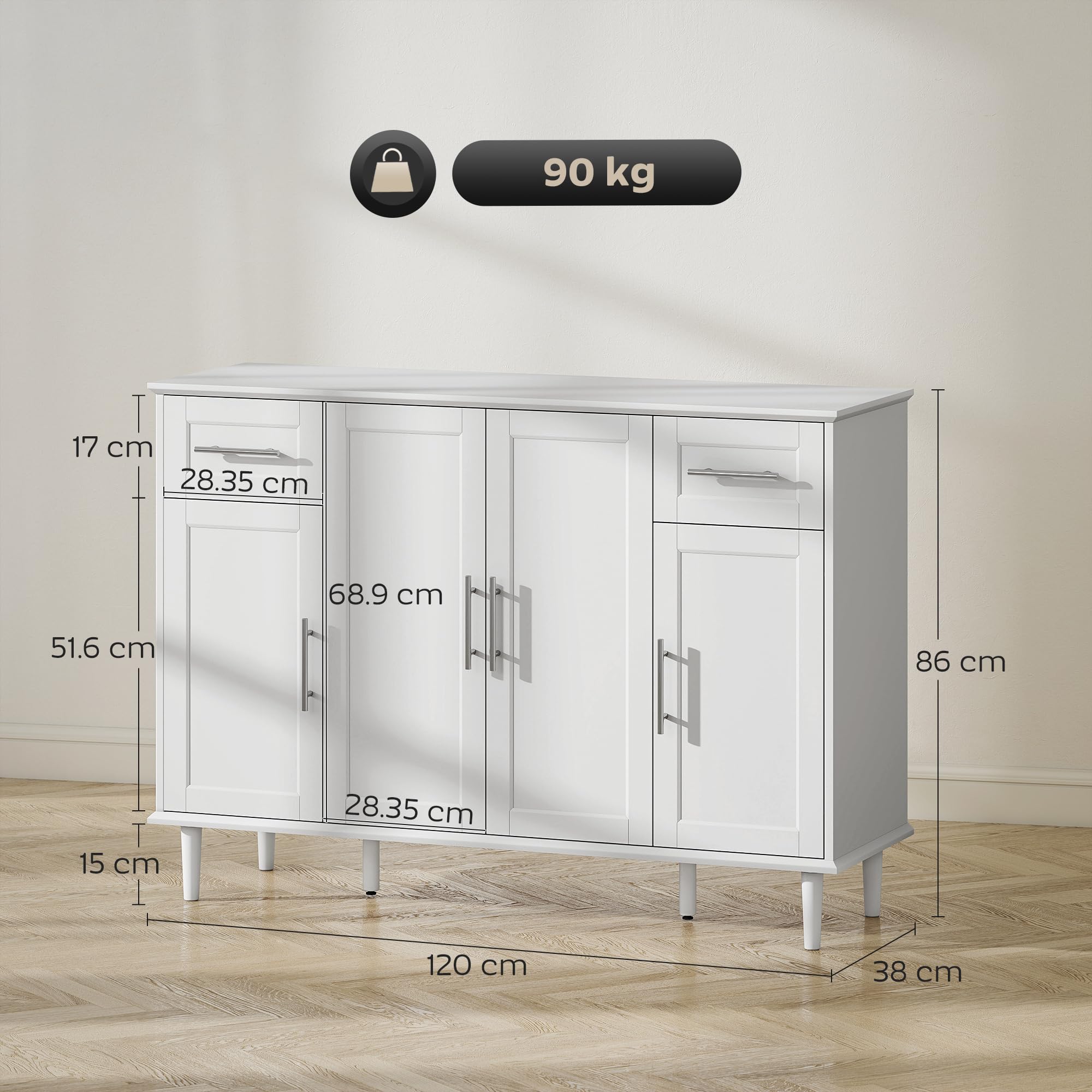 HOMCOM Mobile Soggiorno, 2 Cassetti 3 Armadietti, 120x38x86 cm, Bianco | Credenza Soggiorno, Mobile Cucina120 cm, Ripiani Regolabili, Madia, Gambe in Pino, Sala da Pranzo, Cucina